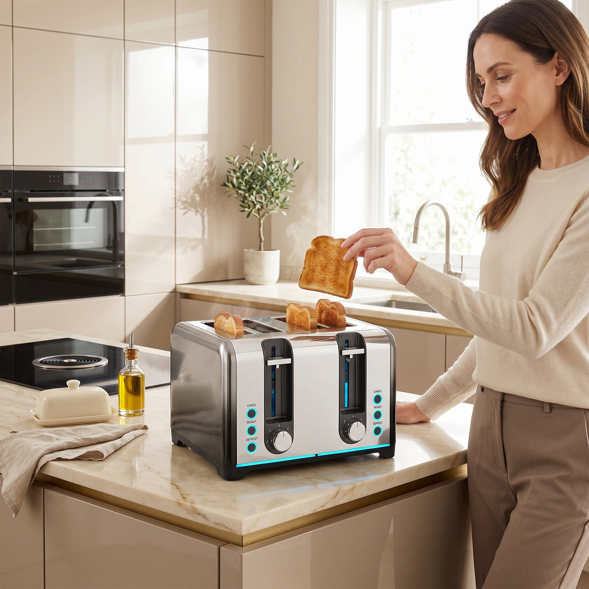 4 Slice Toaster with 7 Browning Levels, Reheat, Defrost and Cancel Functions, Self-Centring Slots, Auto Shut-Off, Removable Crumb Tray, 1860W, Black