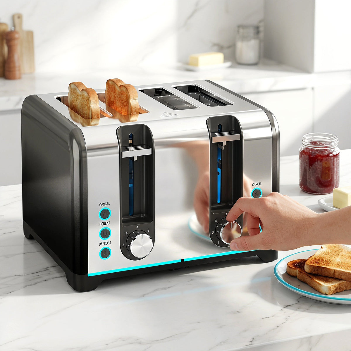 4 Slice Toaster with 7 Browning Levels, Reheat, Defrost and Cancel Functions, Self-Centring Slots, Auto Shut-Off, Removable Crumb Tray, 1860W, Black