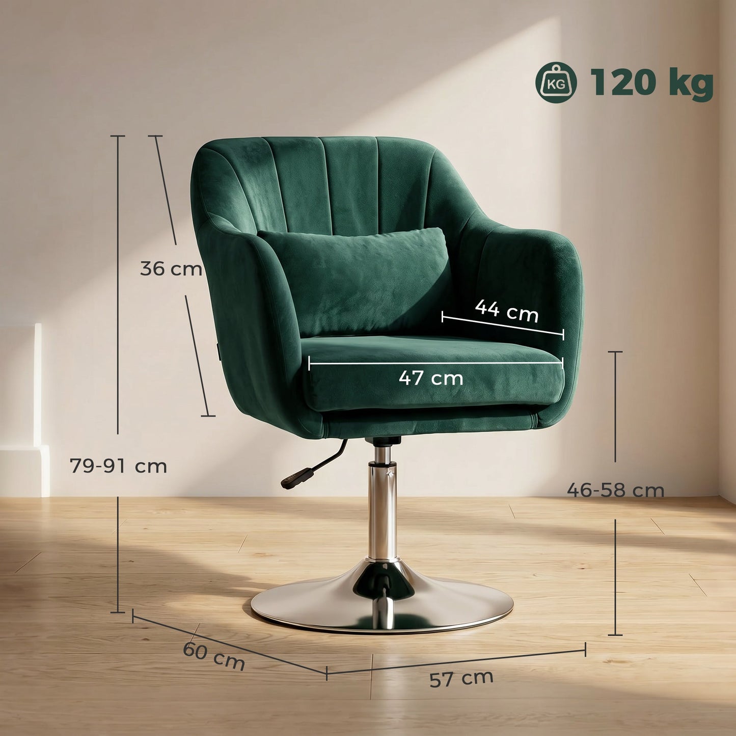 Swivel Accent Chair, Velvet Fabric Tub Vanity Chair, Modern Armchair with Adjustable Height and Lumbar Support for Living Room Bedroom Salon Make up Room Dressing Table, Dark Green