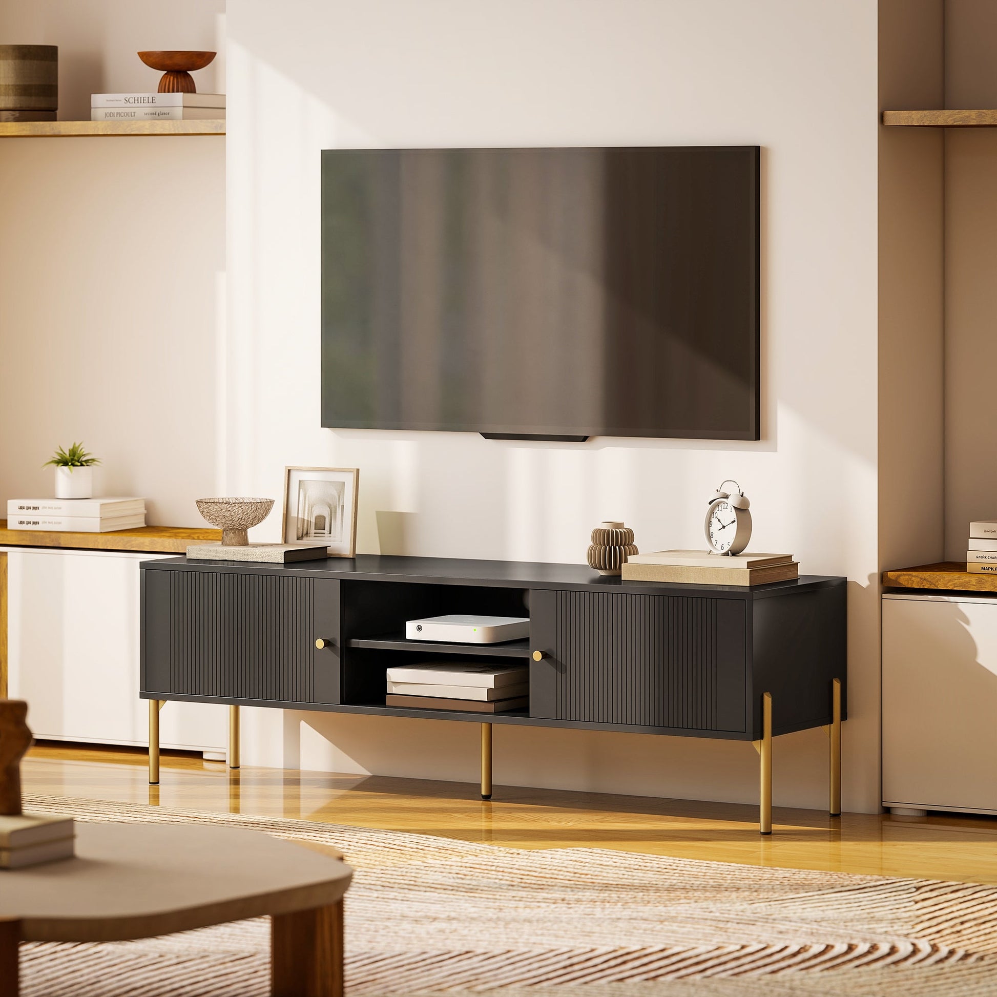 TV Stand for Television up to 65 Inch, Modern Entertainment Center with 2 Open Shelves, 2 Cabinets and 5 Steel Legs, TV Console with 2 Cable Holes for Living Room, Black