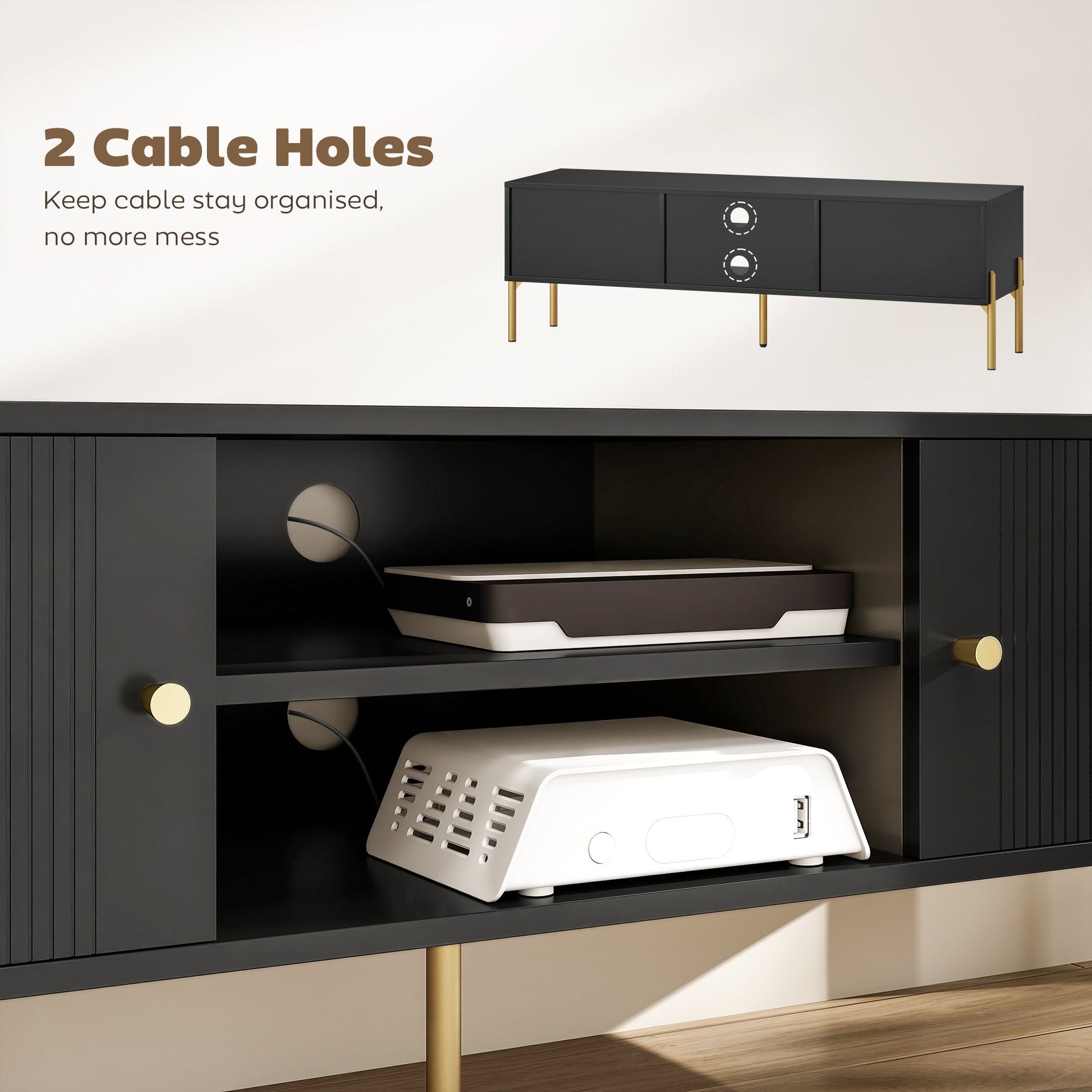 TV Stand for Television up to 65 Inch, Modern Entertainment Center with 2 Open Shelves, 2 Cabinets and 5 Steel Legs, TV Console with 2 Cable Holes for Living Room, Black