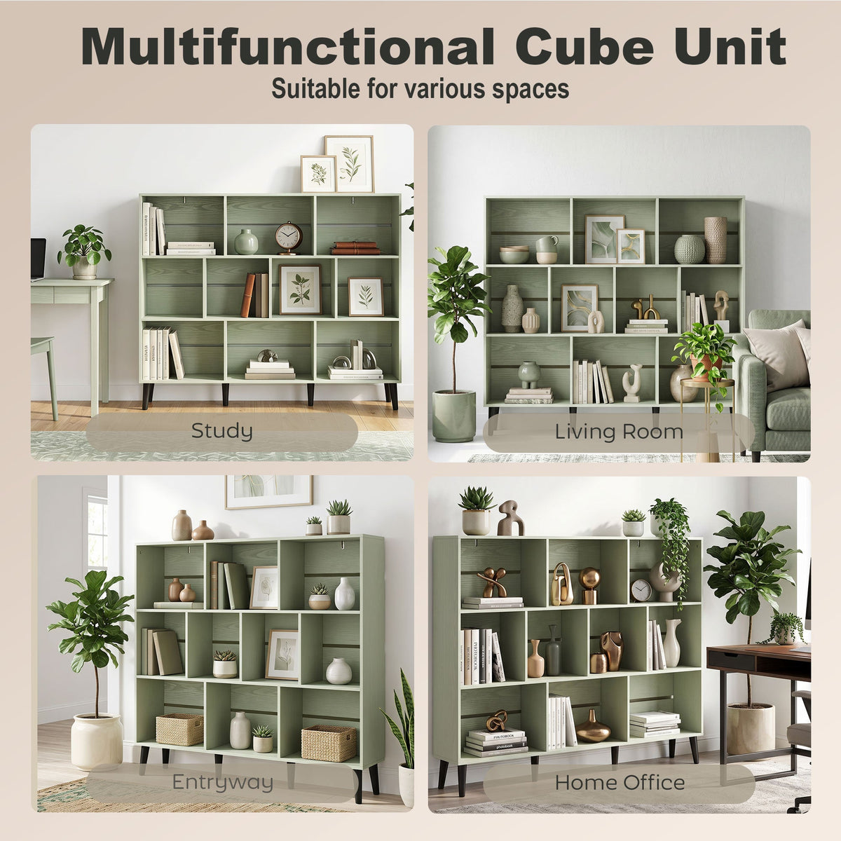 10-Cube Bookshelf, 3-Tier Bookcase with Solid Wood Legs, 140 cm Modern Freestanding Book Shelf with Anti-Tip Kit for Bedroom Living Room Study Office, Light Green