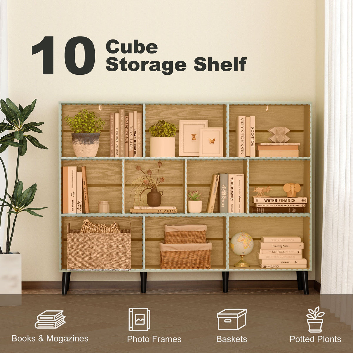 10-Cube Bookshelf, 3-Tier Bookcase with Solid Wood Legs, 140 cm Modern Freestanding Book Shelf with Anti-Tip Kit for Bedroom Living Room Study Office, Light Green
