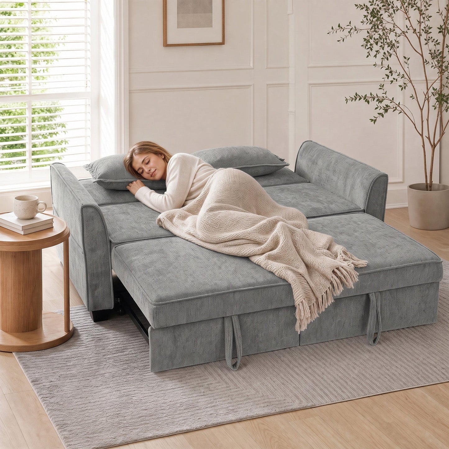 2 Seater Sofa Bed, 4-in-1 L Shaped Convertible Pull Out Sleeper Sofa with Adjustable Backrest, Chenille Loveseat with 2 Pillows, Wide Deep Seat, Side Pockets for Living Room, Grey