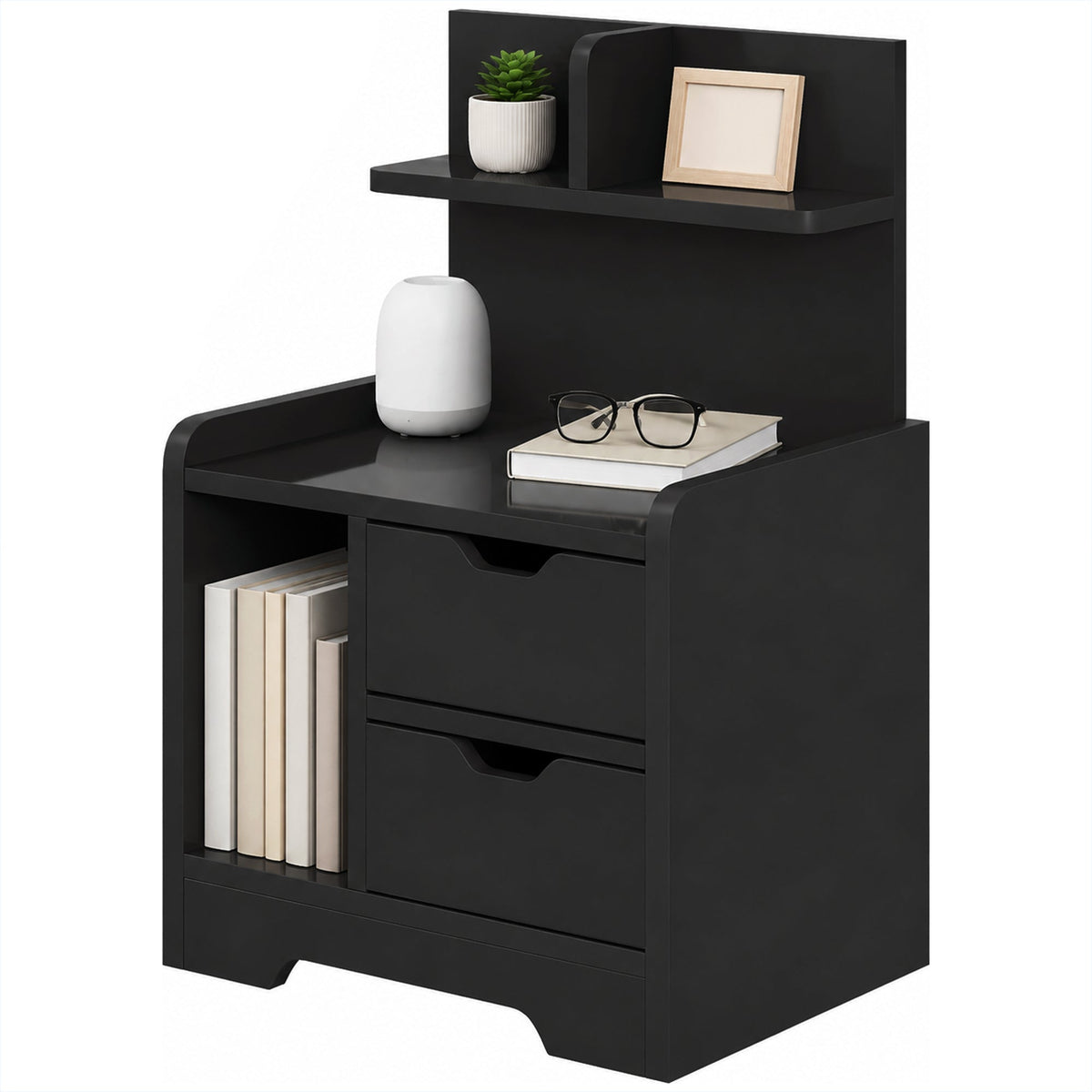 Bedside Table, Small Bedside Cabinet with 2 Drawers and Storage Shelves, Modern Nightstand for Bedroom, Black Wood Effect