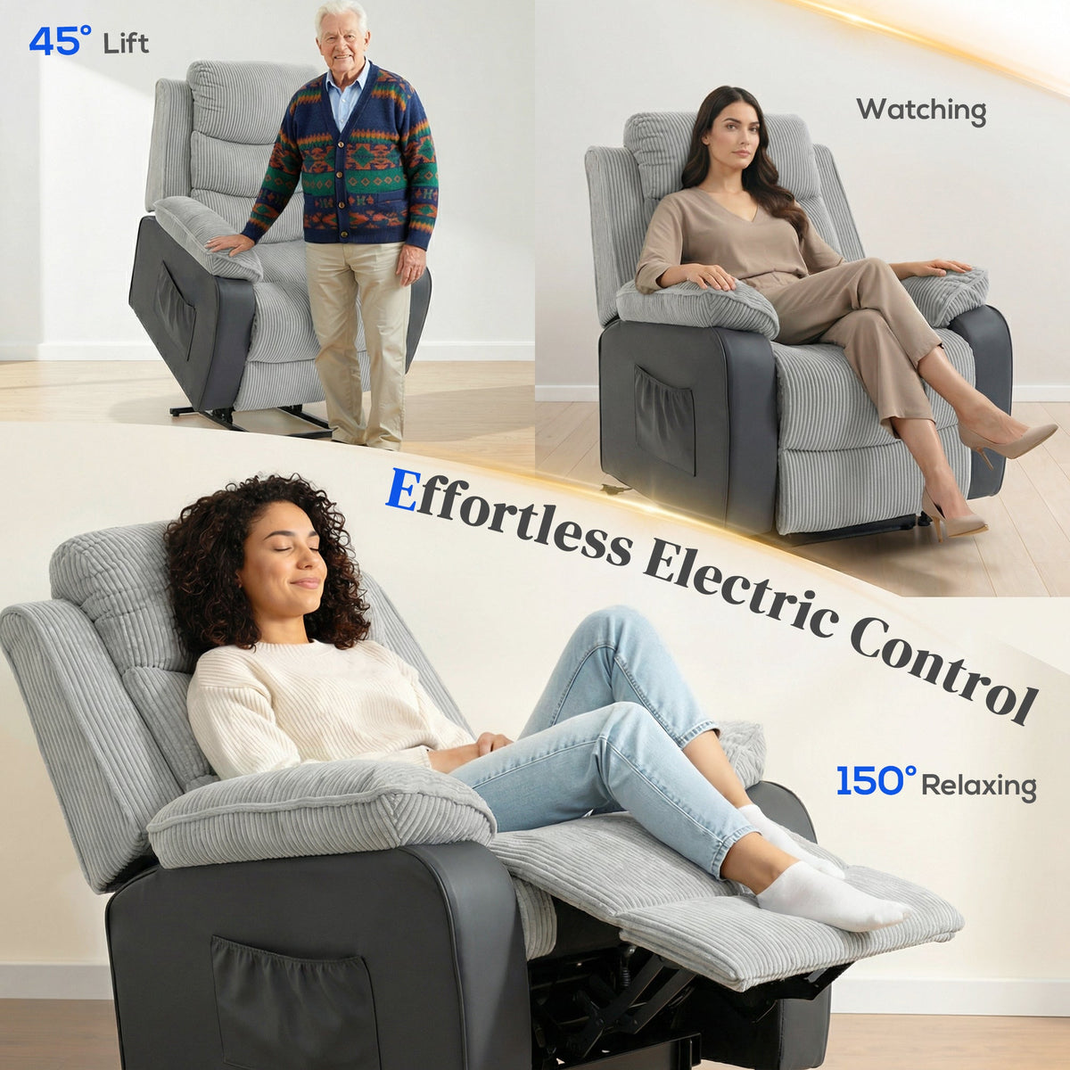 Riser Recliner Chair for Elderly, Corduroy Electric Power Lift Chair with Patchwork Design, Wide Seat, High Back, USB Port, 2 Side Pockets, Remote, Lift Armchair for Living Room, Light Grey