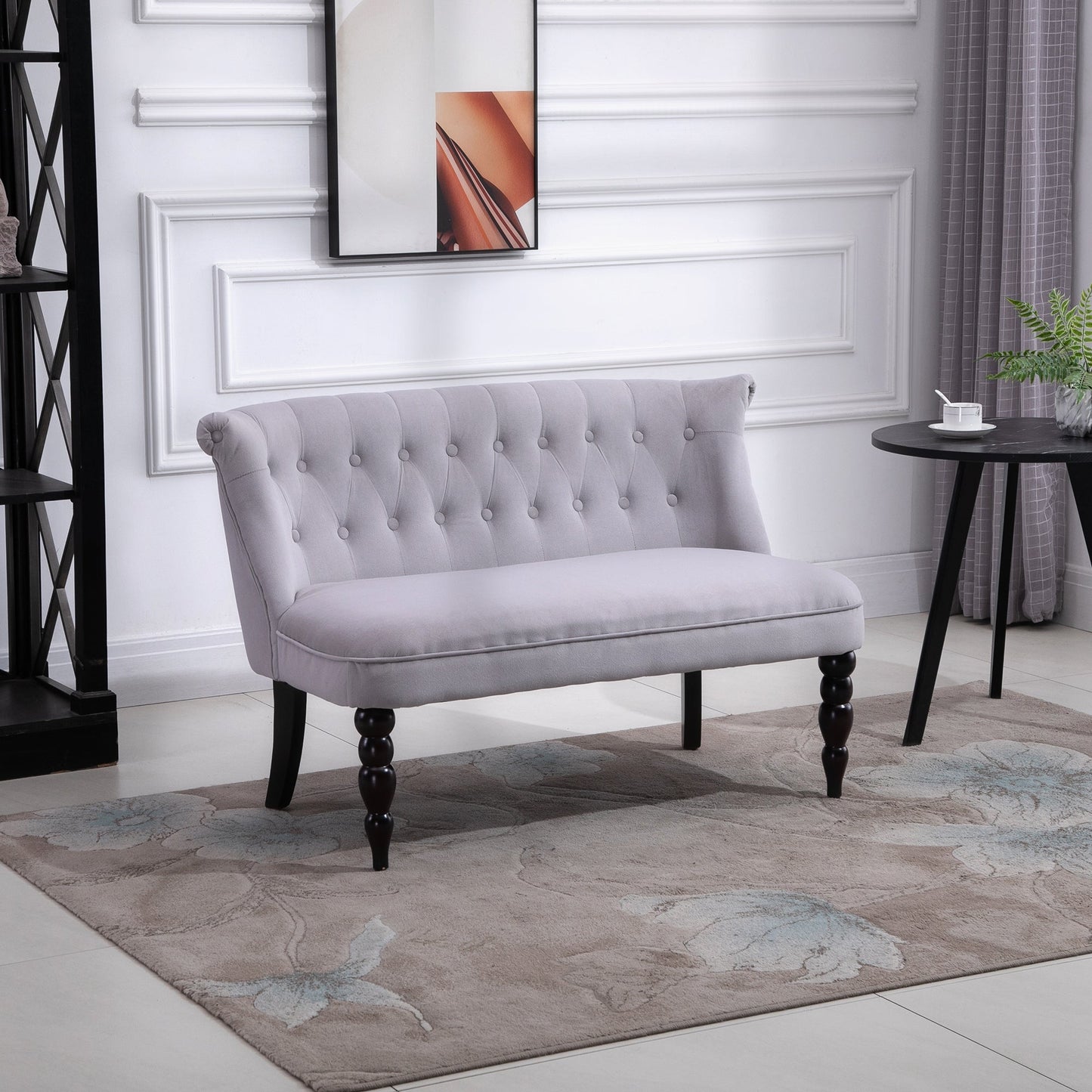 HOMCOM Loveseat with Wood Frame, Compact 2 Seater Sofa, Button Tufted Chaise Lounger with Carved Legs, Vintage Design for Bedroom Living room, Grey