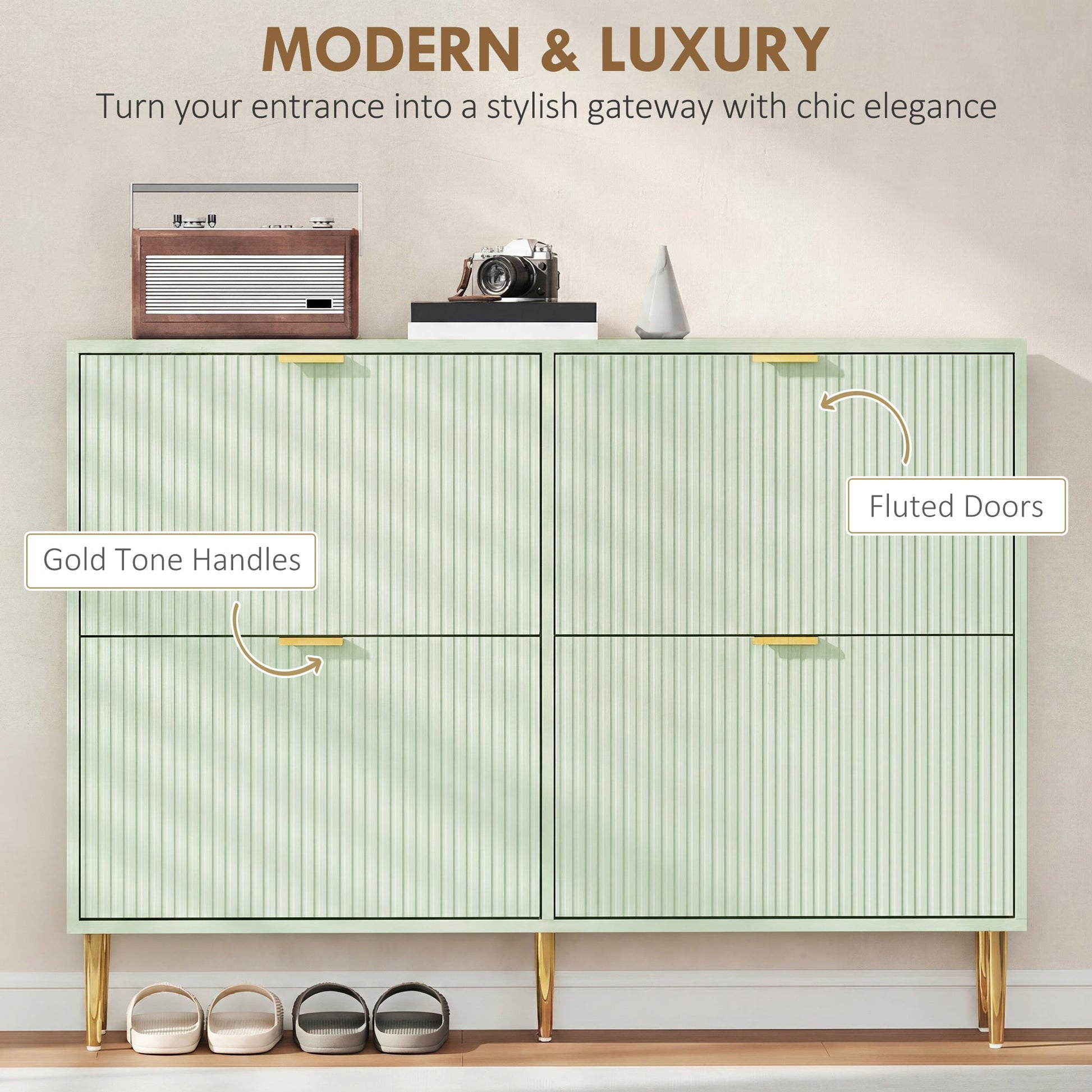 Narrow Shoe Cabinet with 4 Flip Drawers, Modern Slim Shoe Storage Cabinet with Fluted Doors and Adjustable Shelves for Hallway, Holds 10-20 Pairs, Light Green