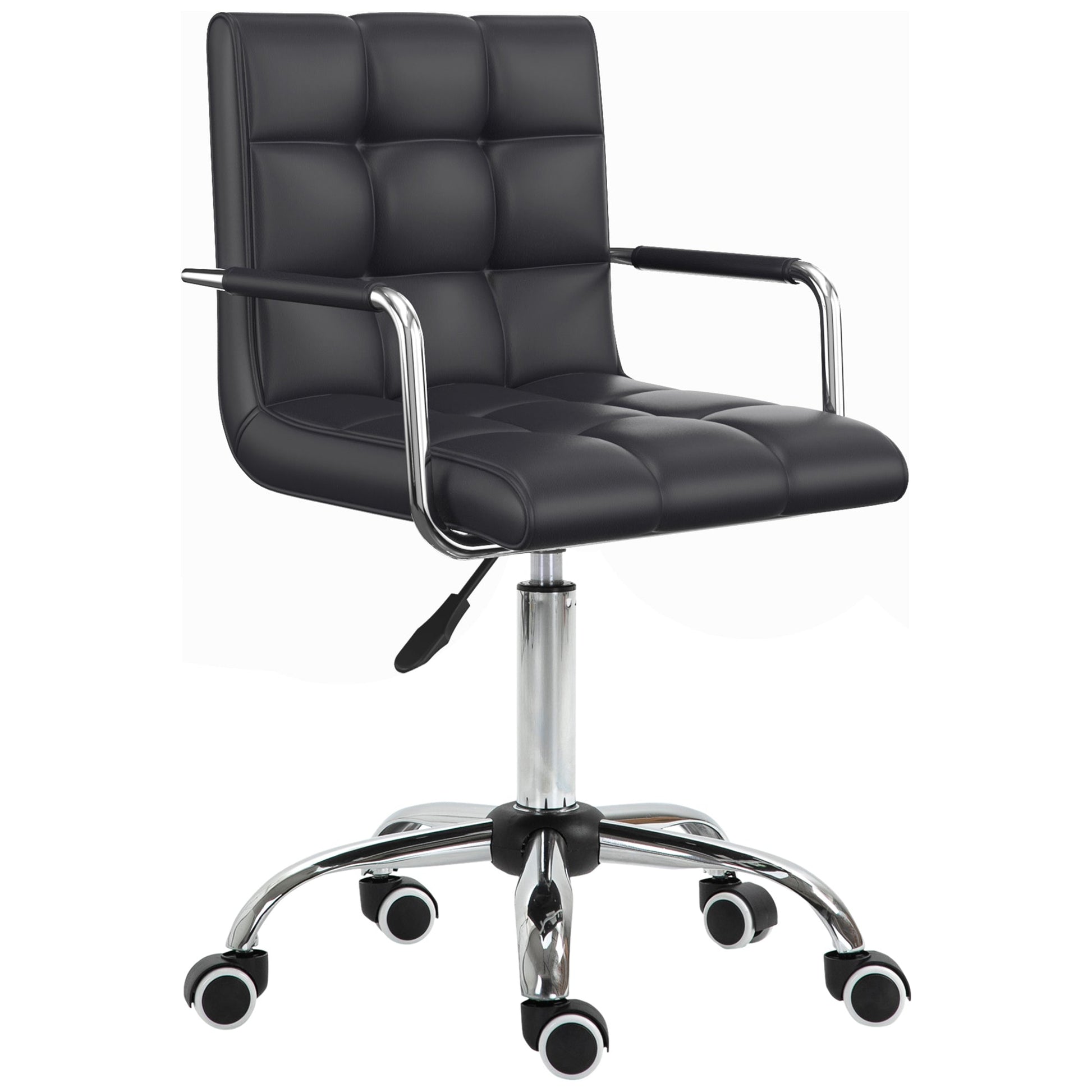 Vinsetto Office Chair, Makeup Vanity Chair, Mid Back Computer Chair, PU Leather Swivel Study Chair with Adjustable Height, Armrest and Rolling Wheels, Black