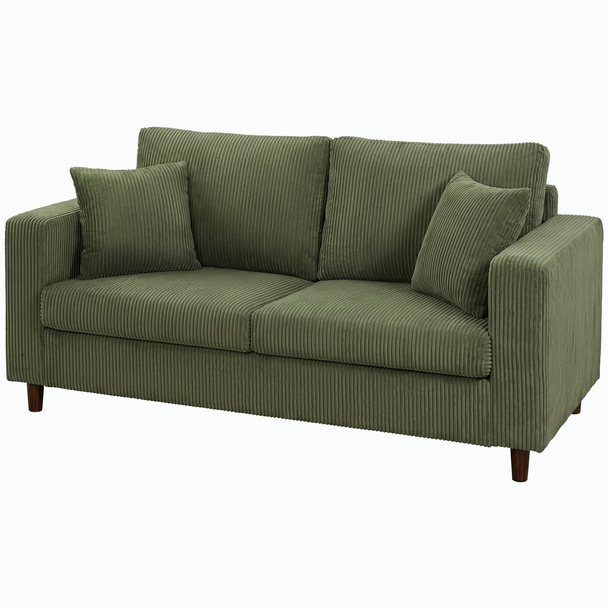 2 Seater Sofa, 170 cm Comfy Corduroy Couch with Wide Deep Seat, Wide Armrests, Spring Cushion, Thick Padded, Solid Wood Legs, Loveseat Sofa for Living Room, Green