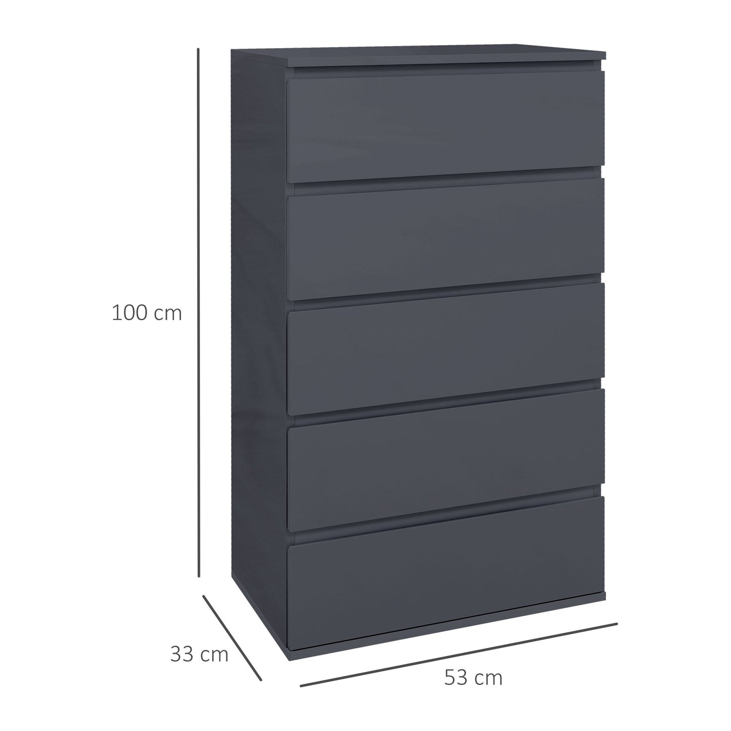 HOMCOM High Gloss Chest of Drawers, 5 Drawers Dresser, Modern Storage Drawer Unit with Soft Closing Mechanism for Bedroom, Grey