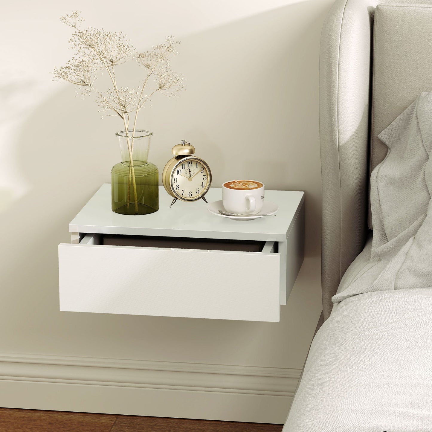 Floating Bedside Table Set of 2, Modern Wall-Mounted Nightstand with High Gloss Finish and Storage Drawer, Small Side End Table for Bedroom, White