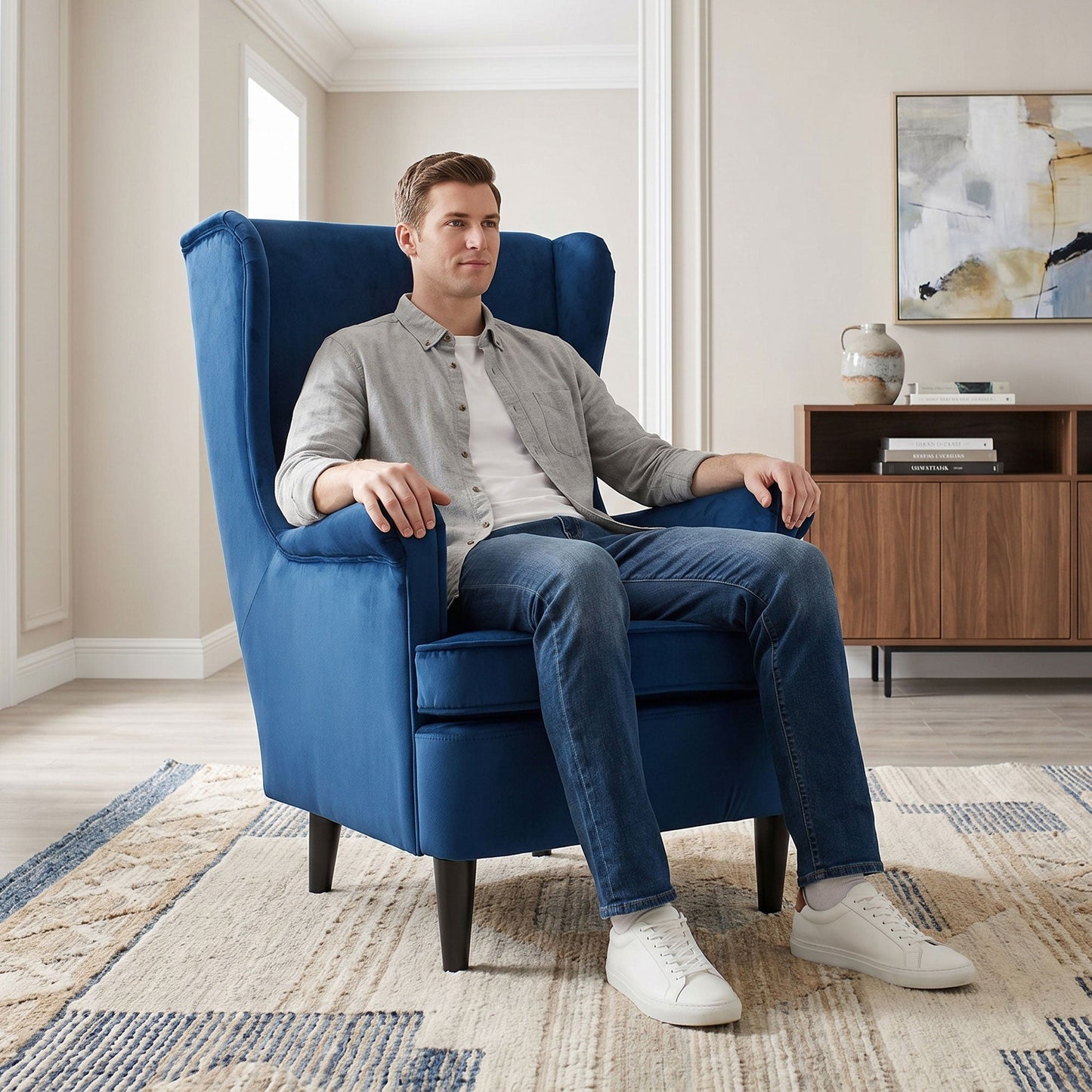 Modern Accent Chair, Upholstered Wingback Armchair with High Backrest and Pillow, Velvet-Feel Fabric Reading Chair with Solid Wood Legs for Living Room, Bedroom, Home Office, Blue