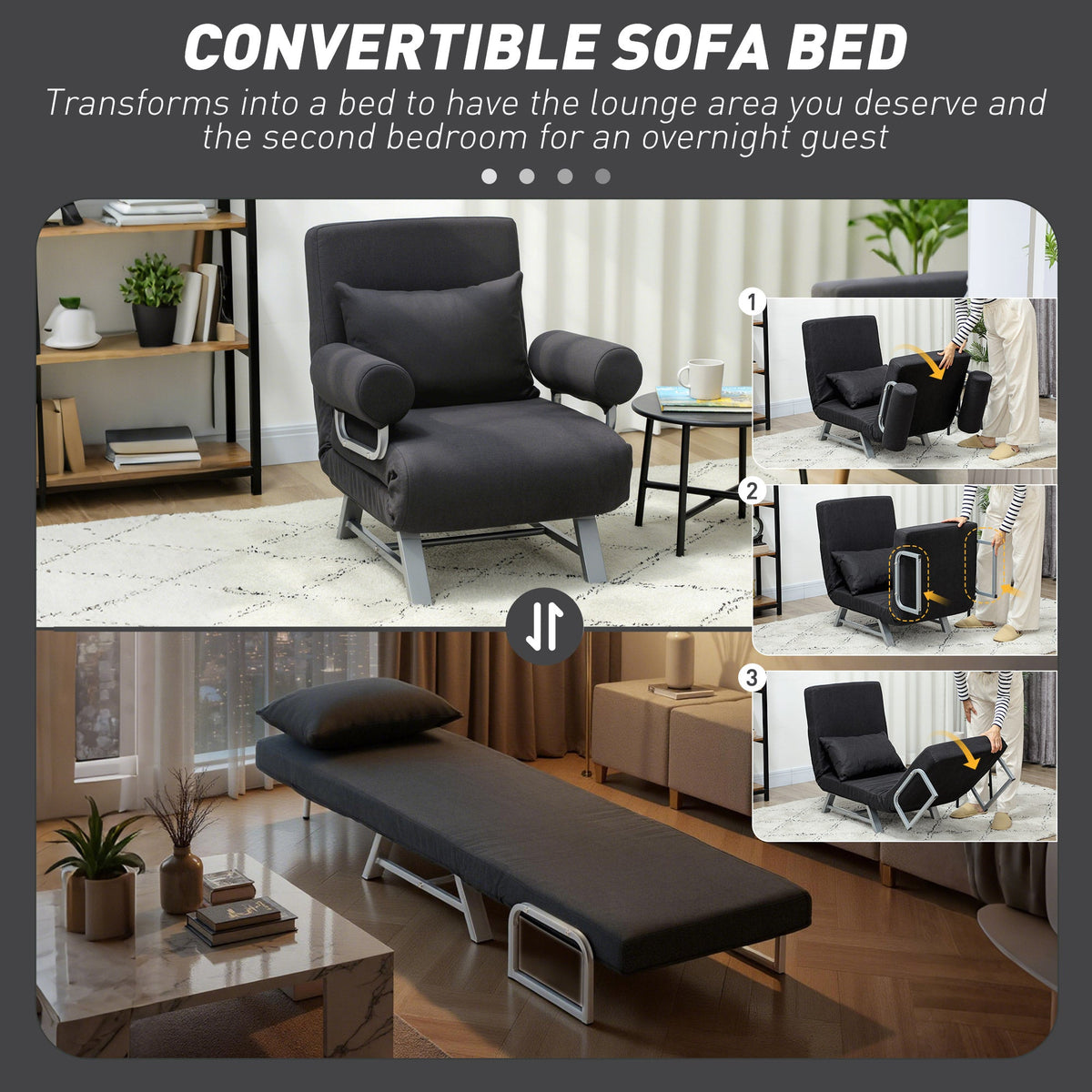Single Sofa Bed, 3-in-1 Convertible Folding Chair Bed with Adjustable Backrest, Removable Armrests, Steel Legs, Linen Sleeper Chair for Living Room, Bedroom, Small Space, Black