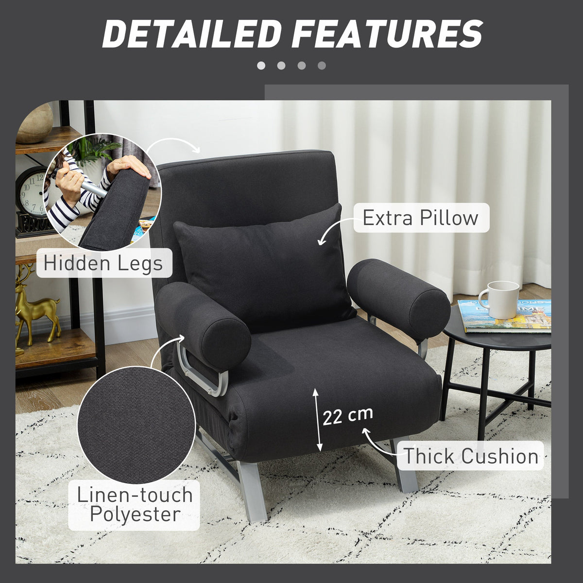 Single Sofa Bed, 3-in-1 Convertible Folding Chair Bed with Adjustable Backrest, Removable Armrests, Steel Legs, Linen Sleeper Chair for Living Room, Bedroom, Small Space, Black