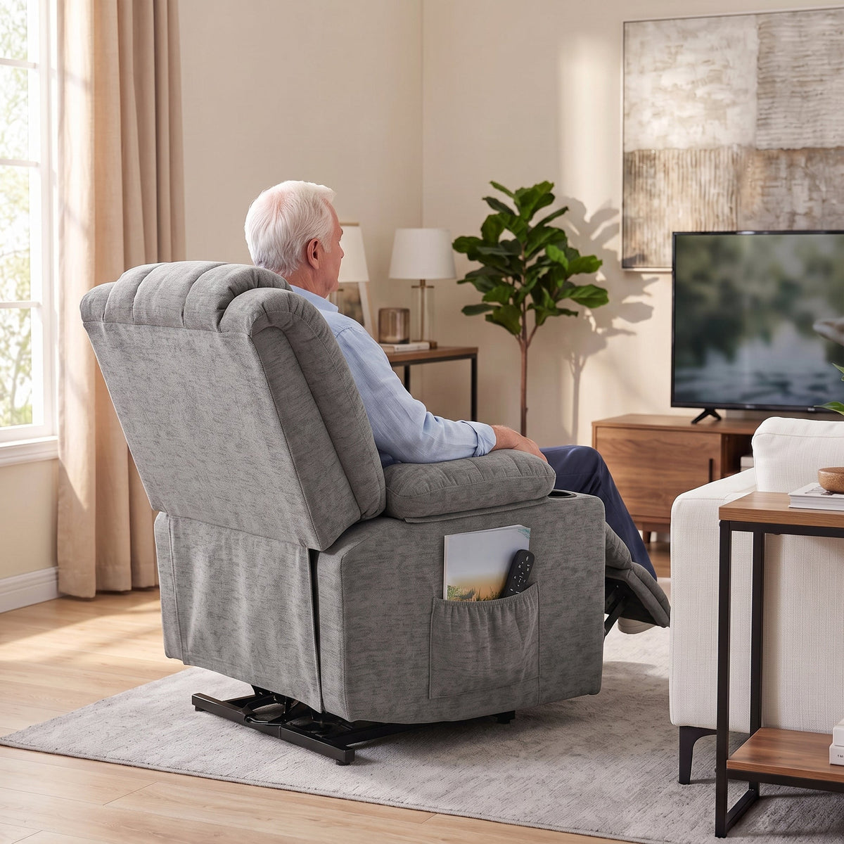 Oversized Riser Recliner Chair with Vibration Massage and Heat, Electric Power Lift Recliner for Elderly w/ Wide Seat and Back, Spring Cushion, USB Port, Side Pockets, Chenille Armchair, Grey
