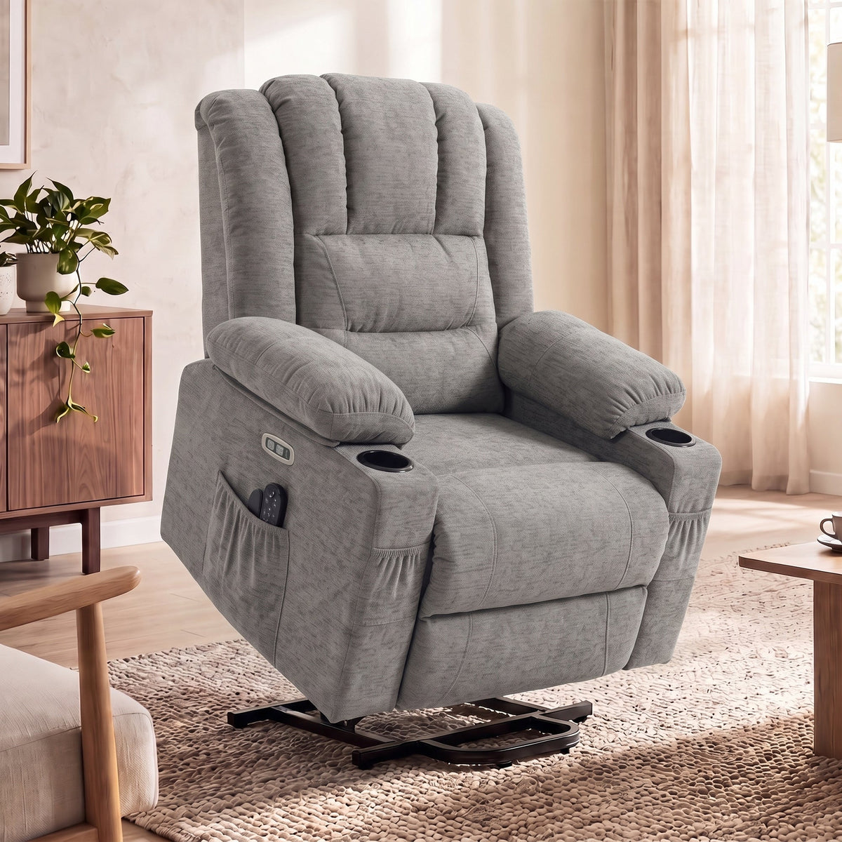 Oversized Riser Recliner Chair with Vibration Massage and Heat, Electric Power Lift Recliner for Elderly w/ Wide Seat and Back, Spring Cushion, USB Port, Side Pockets, Chenille Armchair, Grey
