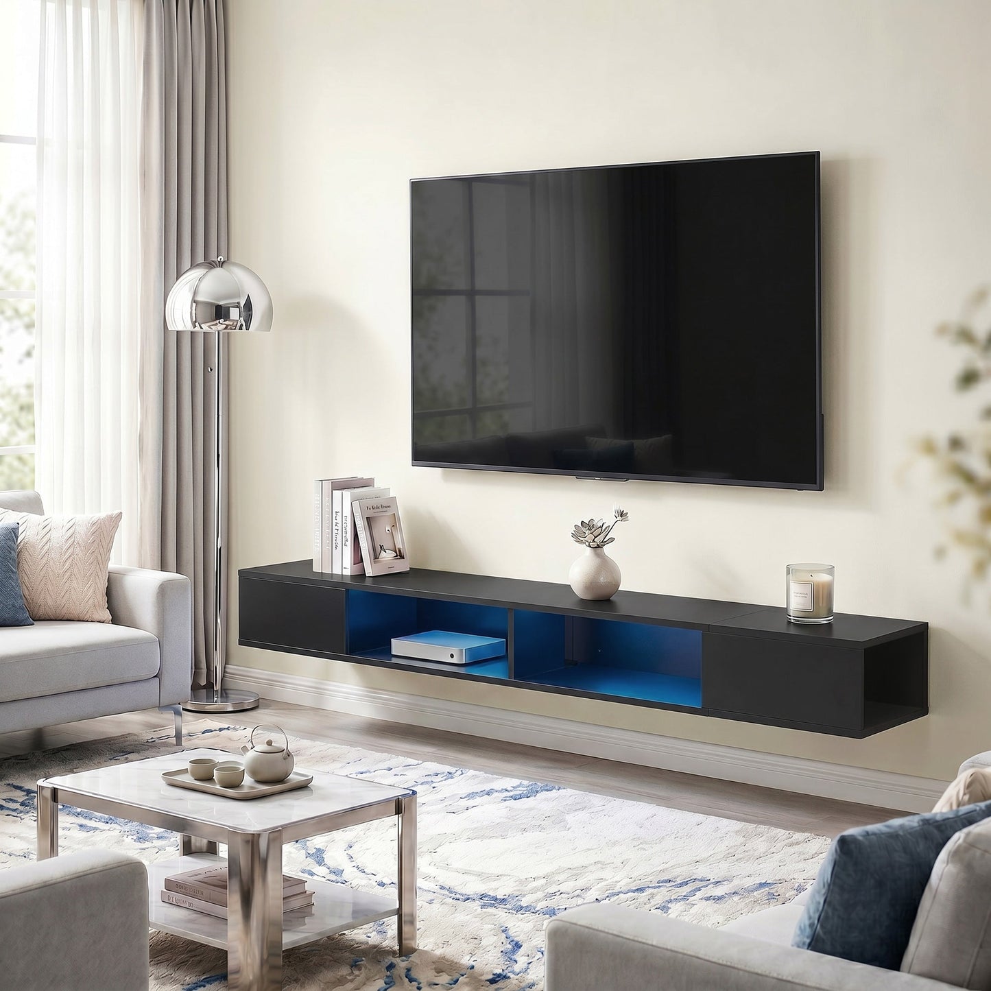 TV Stand for TVs up to 75 Inch, Modern Entertainment Center with RGB LED Lights, USB Powered, Wall-Mounted Media Console Table with 4 Open Storage Shelves for Living Room, Black