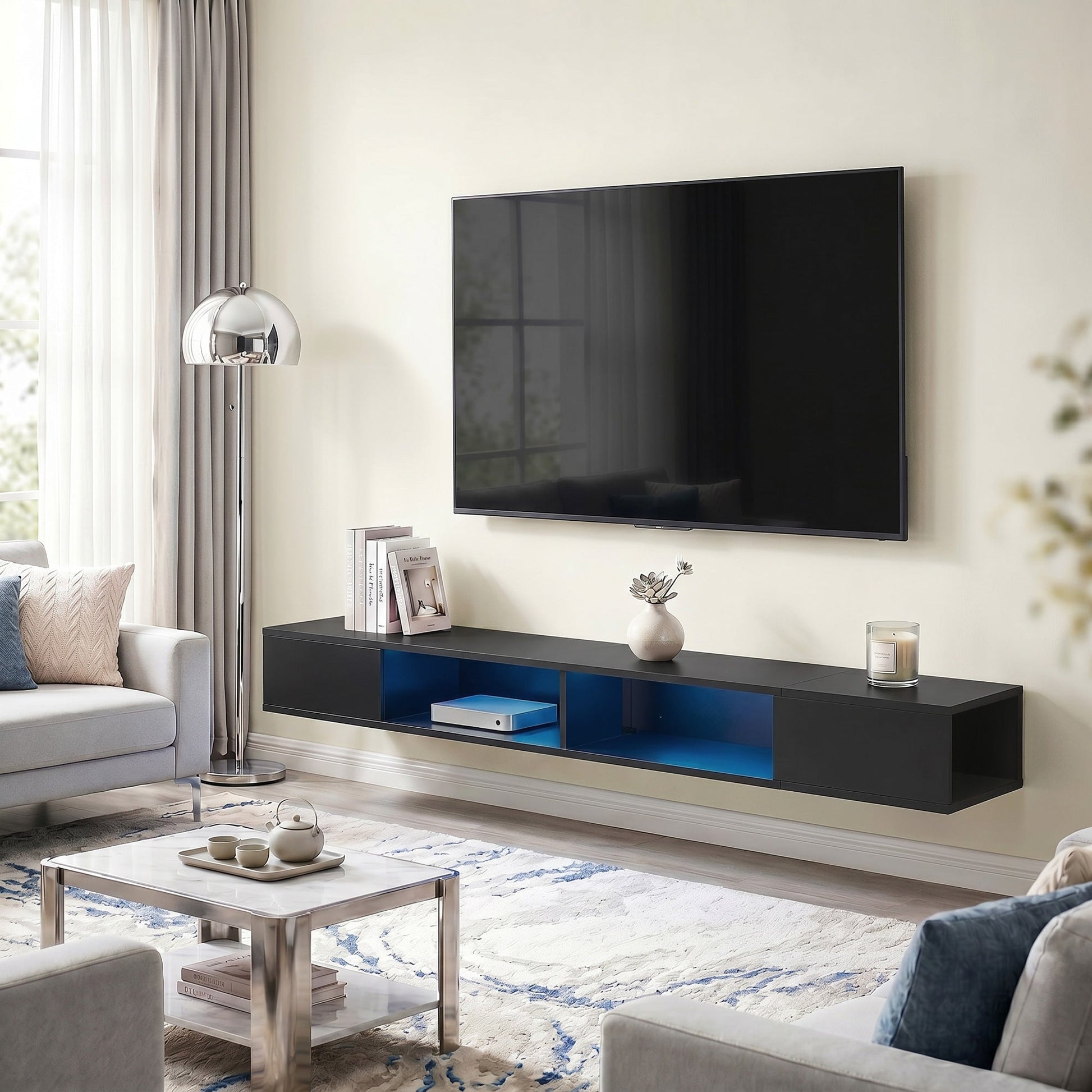 TV Stand for TVs up to 75 Inch, Modern Entertainment Center with RGB LED Lights, USB Powered, Wall-Mounted Media Console Table with 4 Open Storage Shelves for Living Room, Black