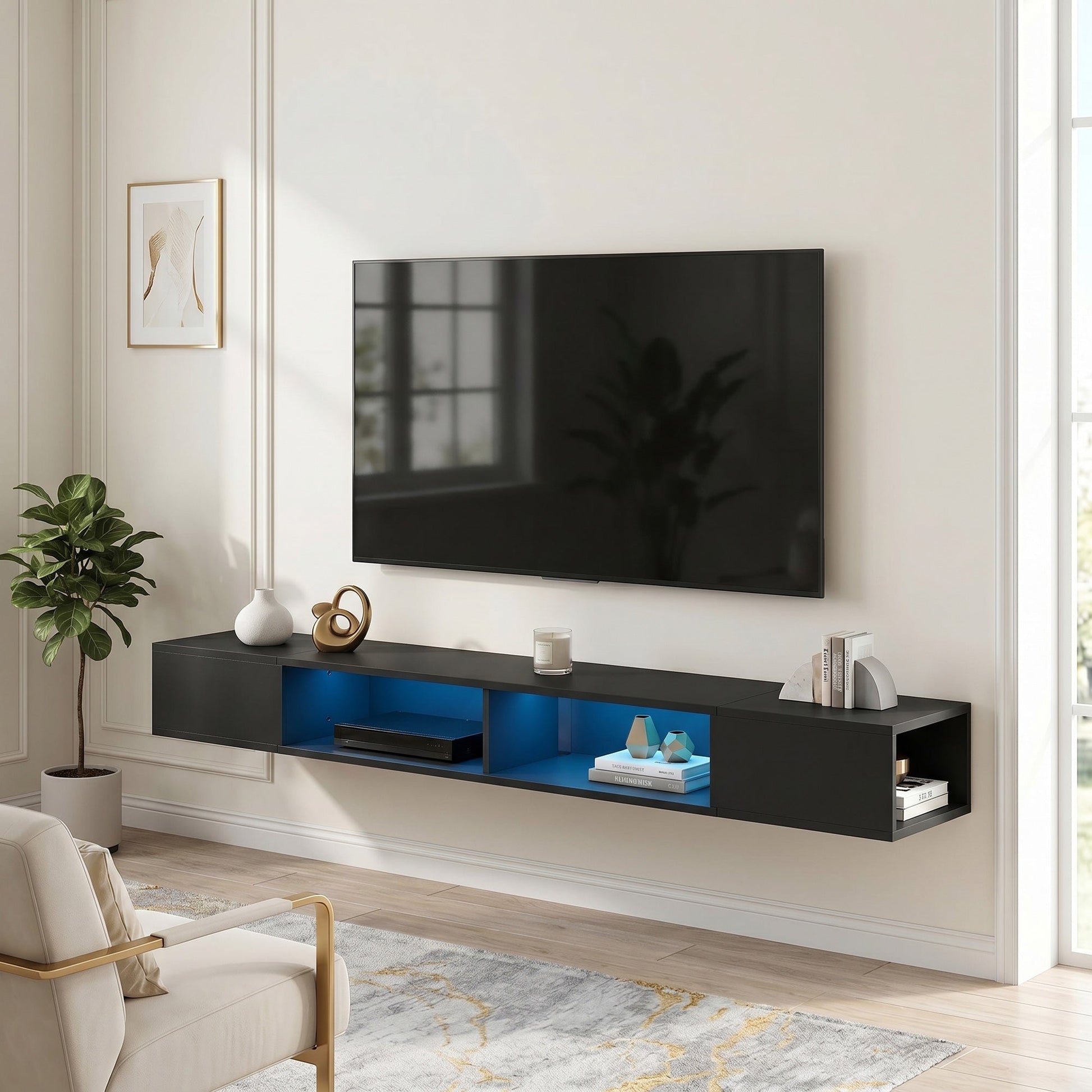 TV Stand for TVs up to 75 Inch, Modern Entertainment Center with RGB LED Lights, USB Powered, Wall-Mounted Media Console Table with 4 Open Storage Shelves for Living Room, Black