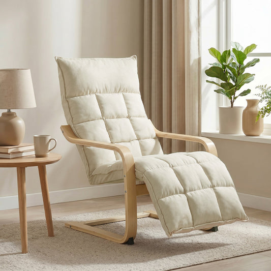 Accent Chair, Linen-Look Fabric Armchair with Footrest, Plush Cushion, High Back, Wide Seat, Curved Legs and Arms, Gentle Motion, Leisure Lounge Chair for Living Room, Bedroom, Cream White