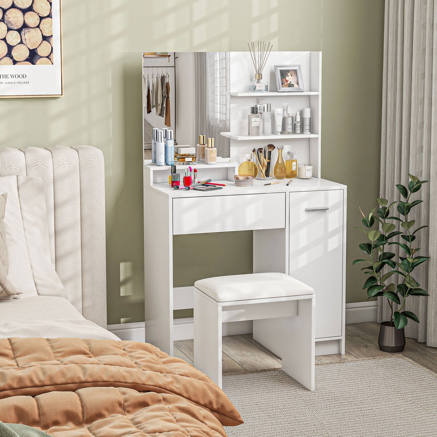 HOMCOM Dressing Table with Mirror and Stool, Vanity Table, Modern Makeup Desk with Drawer, Storage Cabinet and Adjustable Shelf for Bedroom, White