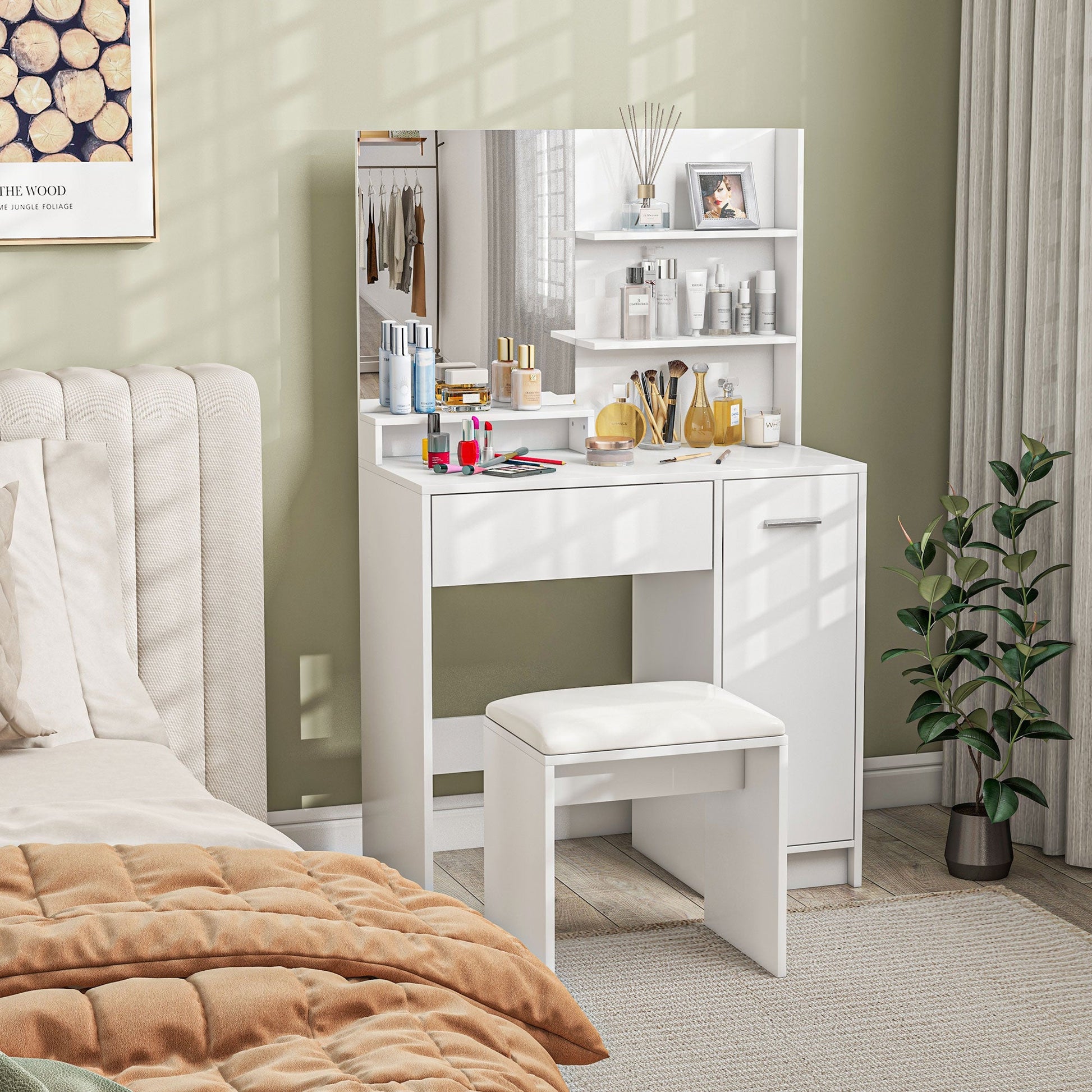 HOMCOM Dressing Table with Mirror and Stool, Vanity Table, Modern Makeup Desk with Drawer, Storage Cabinet and Adjustable Shelf for Bedroom, White