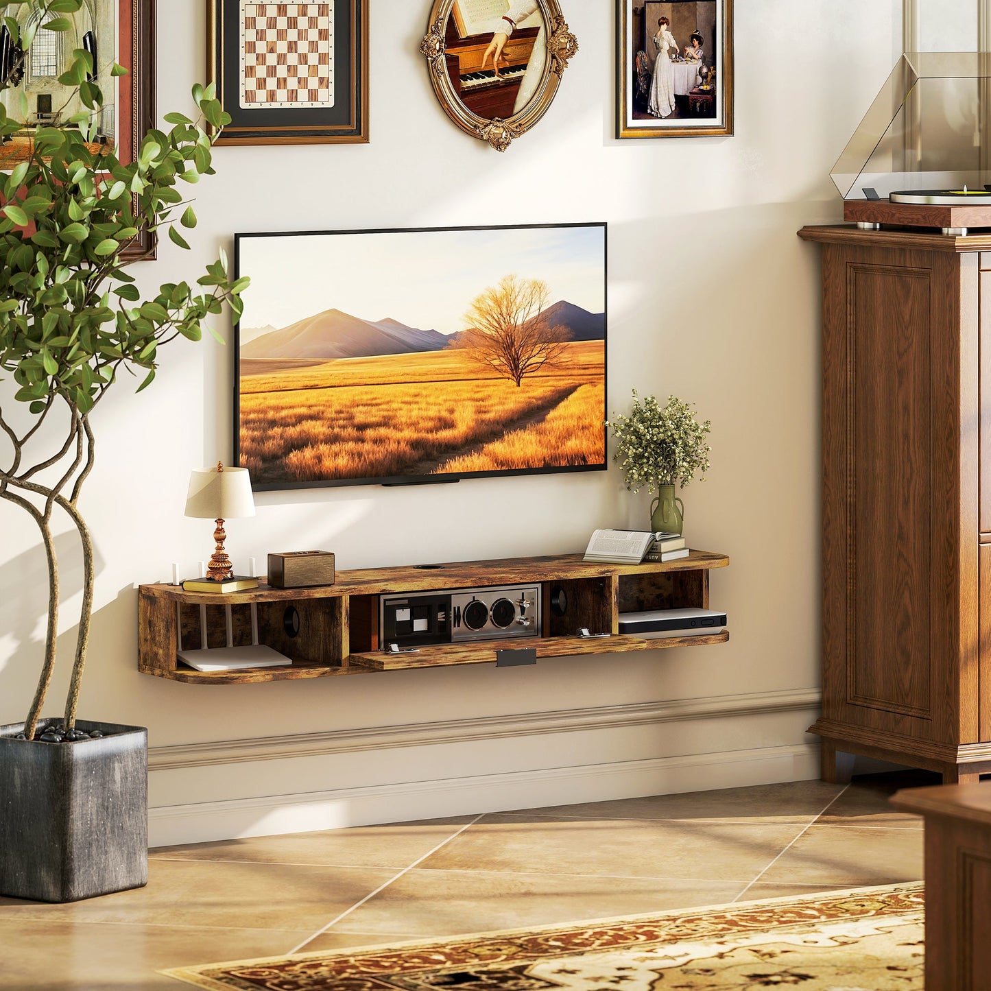 120 cm Floating TV Unit, Wall Mounted TV Stand Cabinet with Flip Drawer, 2 Open Shelves and Cable Management, Modern Media Console for Living Room, Holds Television up to 50 Inch, Rustic Brown