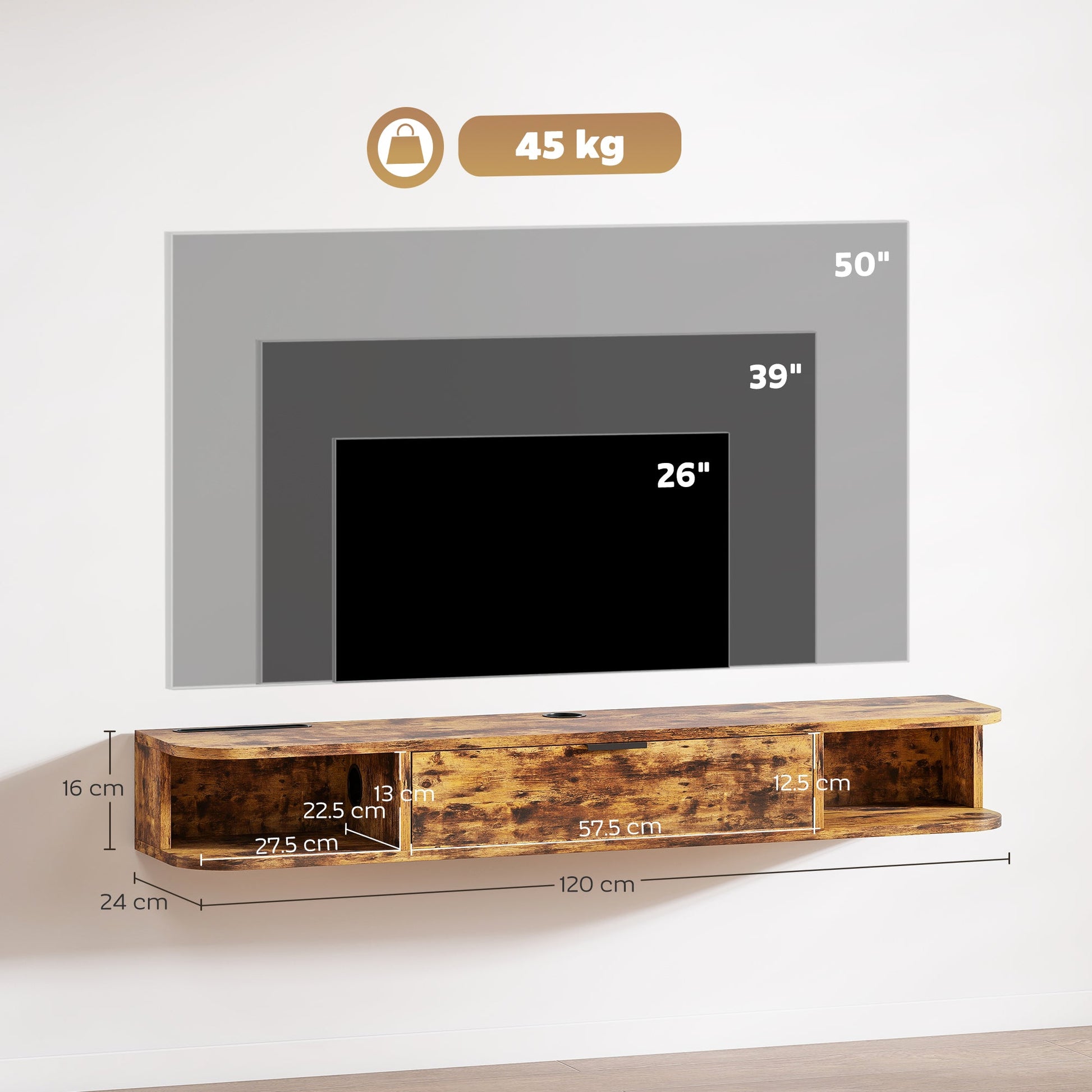 120 cm Floating TV Unit, Wall Mounted TV Stand Cabinet with Flip Drawer, 2 Open Shelves and Cable Management, Modern Media Console for Living Room, Holds Television up to 50 Inch, Rustic Brown