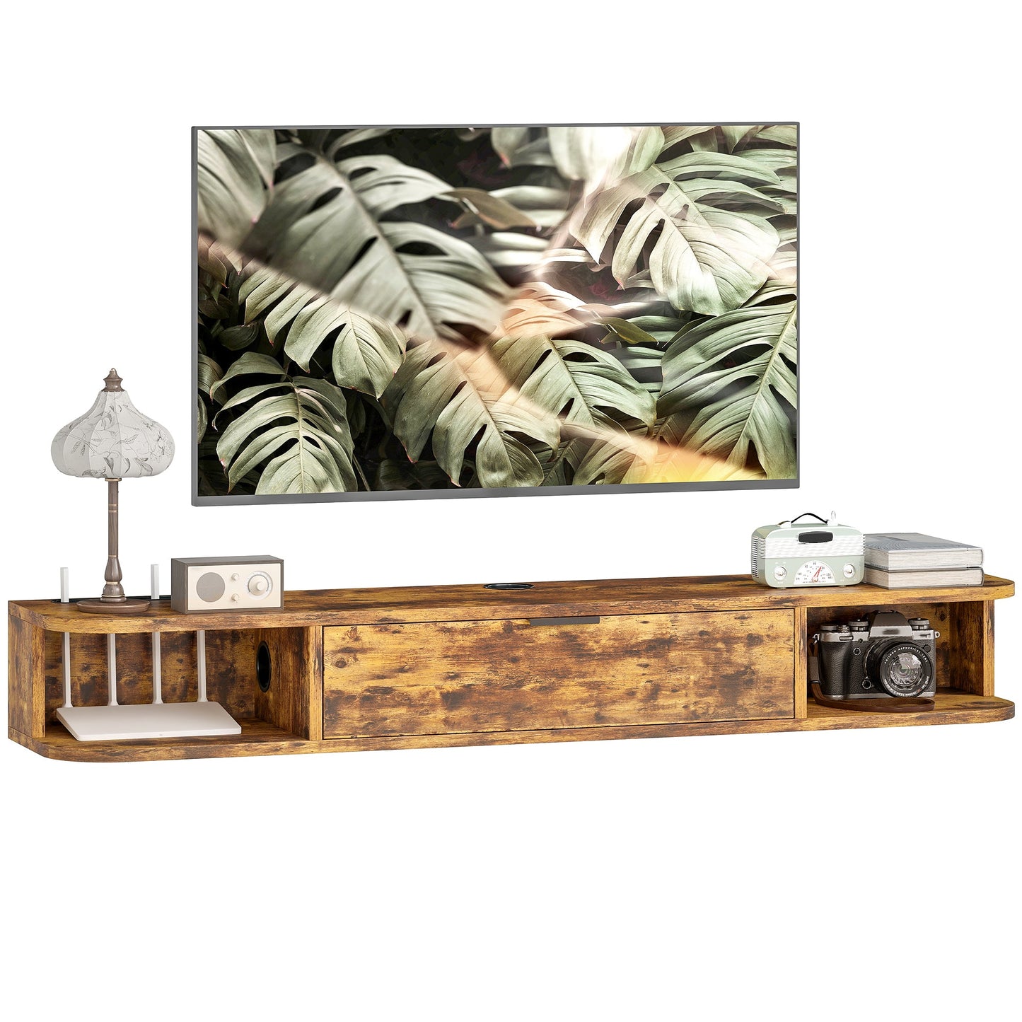 120 cm Floating TV Unit, Wall Mounted TV Stand Cabinet with Flip Drawer, 2 Open Shelves and Cable Management, Modern Media Console for Living Room, Holds Television up to 50 Inch, Rustic Brown