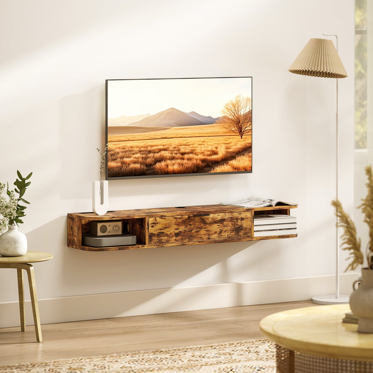 120 cm Floating TV Unit, Wall Mounted TV Stand Cabinet with Flip Drawer, 2 Open Shelves and Cable Management, Modern Media Console for Living Room, Holds Television up to 50 Inch, Rustic Brown
