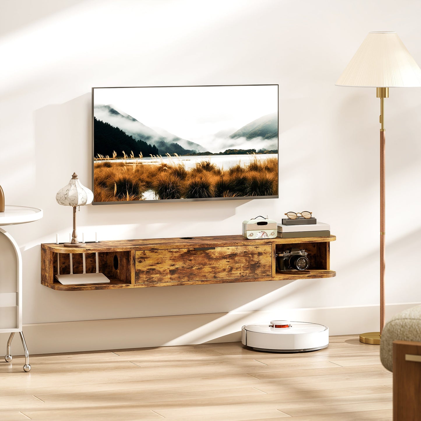 120 cm Floating TV Unit, Wall Mounted TV Stand Cabinet with Flip Drawer, 2 Open Shelves and Cable Management, Modern Media Console for Living Room, Holds Television up to 50 Inch, Rustic Brown