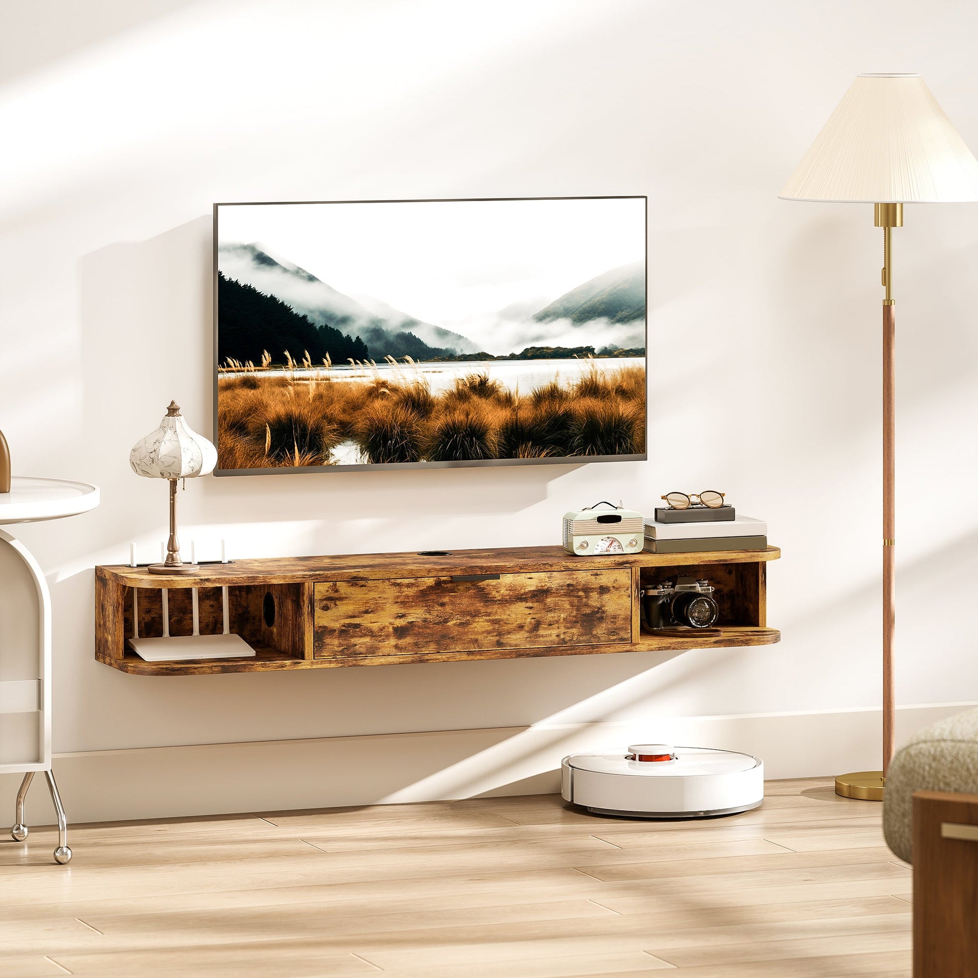 120 cm Floating TV Unit, Wall Mounted TV Stand Cabinet with Flip Drawer, 2 Open Shelves and Cable Management, Modern Media Console for Living Room, Holds Television up to 50 Inch, Rustic Brown
