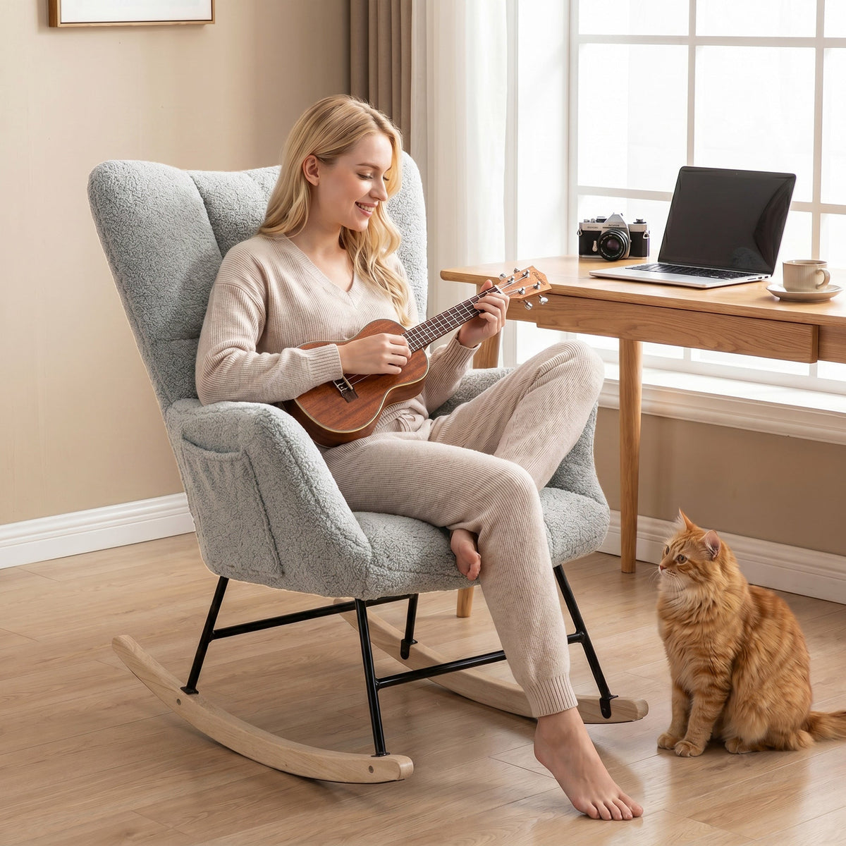 Rocking Chair with Side Pockets, Wingback Tufted Rocker Chair with Teddy Fleece Upholstered, Rubber Wood Legs for Living Room, Bedroom, Light Grey