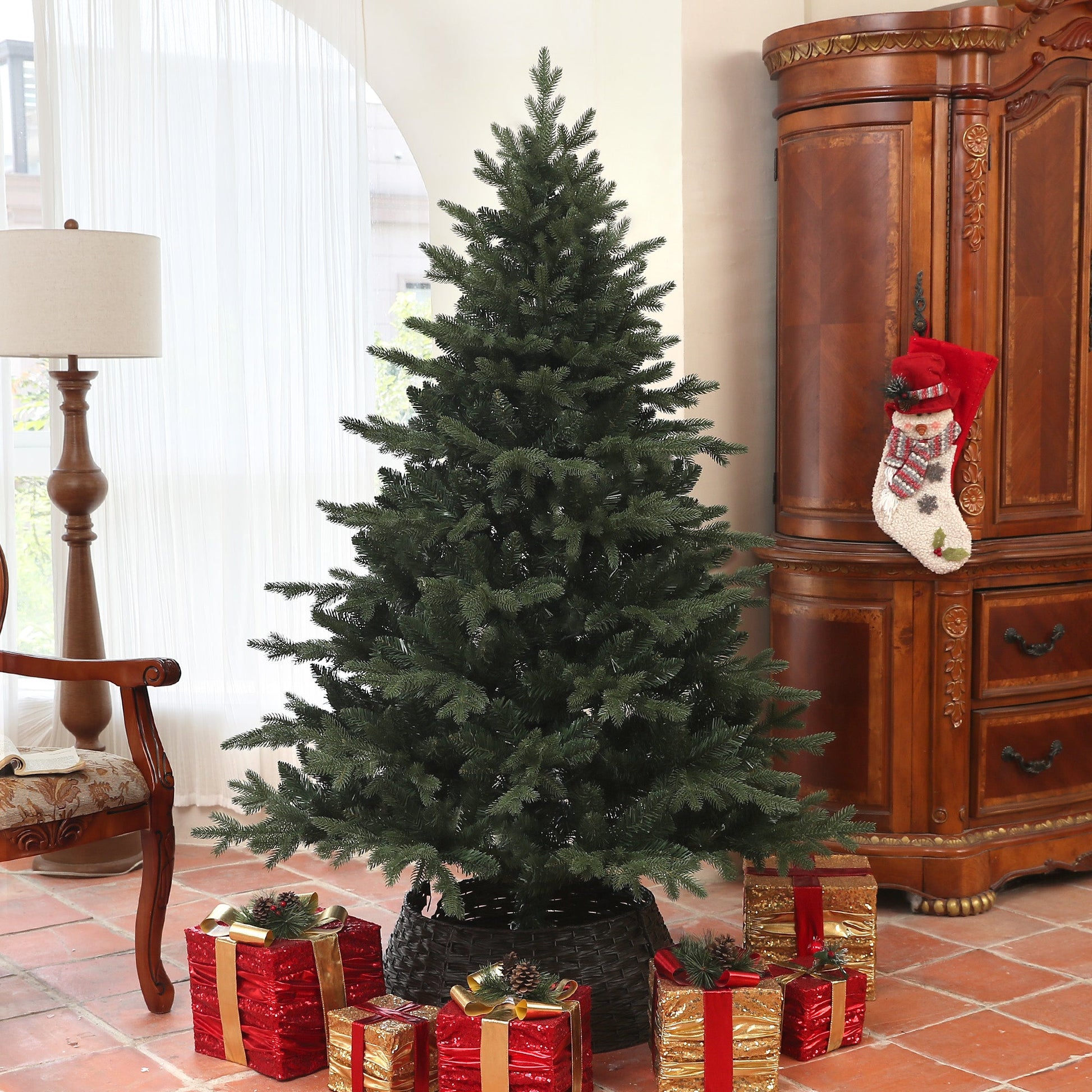 6ft Artificial Spurce Christmas Tree with 1696 Branch Tips and Foldable Steel Base, Realistic Hinged Xmas Tree for Home Office, Green