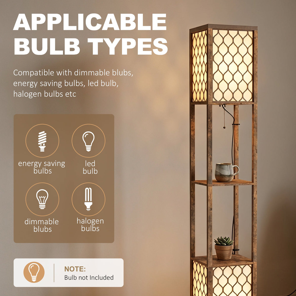 Floor Lamp with Shelves, Modern Tall Standing Lamp with Fabric Lampshades, Zipper Switch and Dual Light for Living Room and Bedroom, Bulbs Not Included, Rustic Brown
