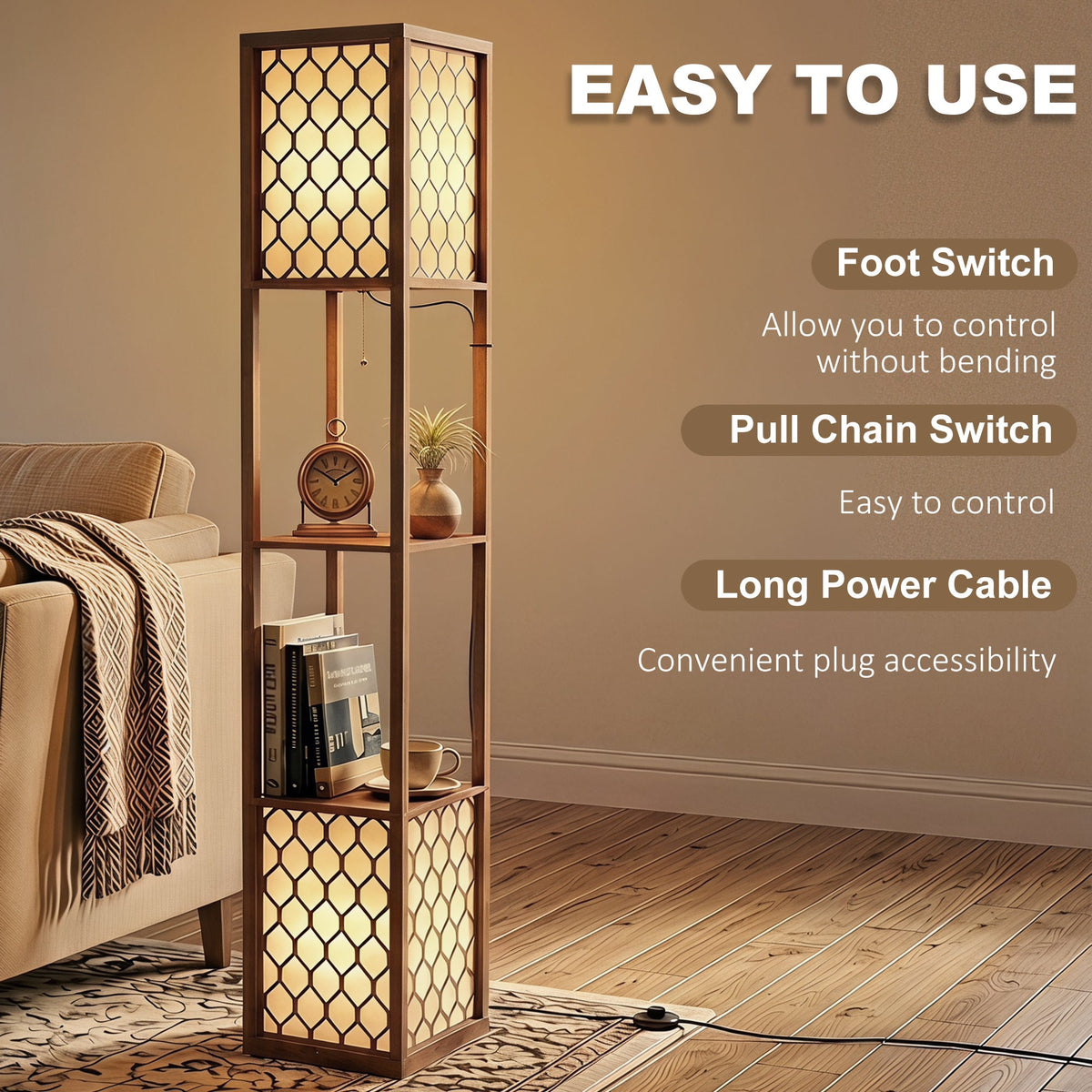 Floor Lamp with Shelves, Modern Tall Standing Lamp with Fabric Lampshades, Zipper Switch and Dual Light for Living Room and Bedroom, Bulbs Not Included, Rustic Brown