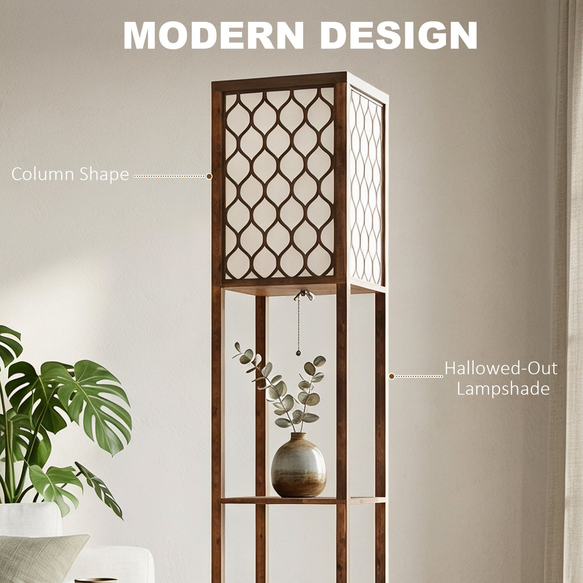 Floor Lamp with Shelves, Modern Tall Standing Lamp with Fabric Lampshades, Zipper Switch and Dual Light for Living Room and Bedroom, Bulbs Not Included, Rustic Brown