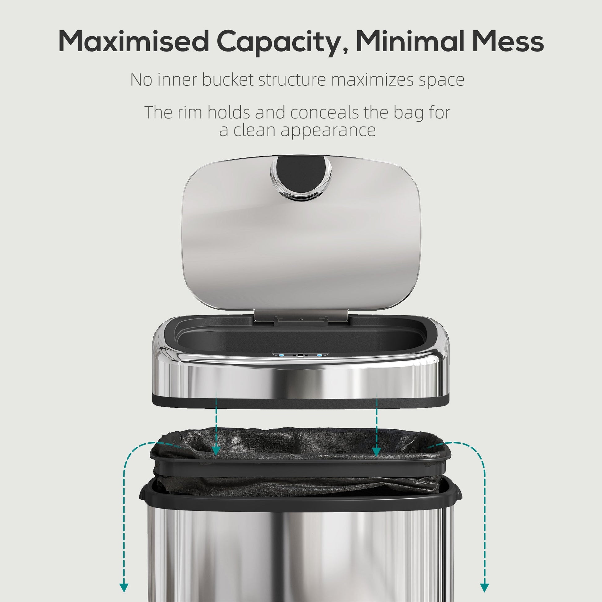 50L Sensor Bin with Soft-Close Lid, Automatic Touchless Motion Sensor Kitchen Bin with Fingerprint Resistant Stainless Steel for Hygienic Gyms, Home Office Use, Silver Tone