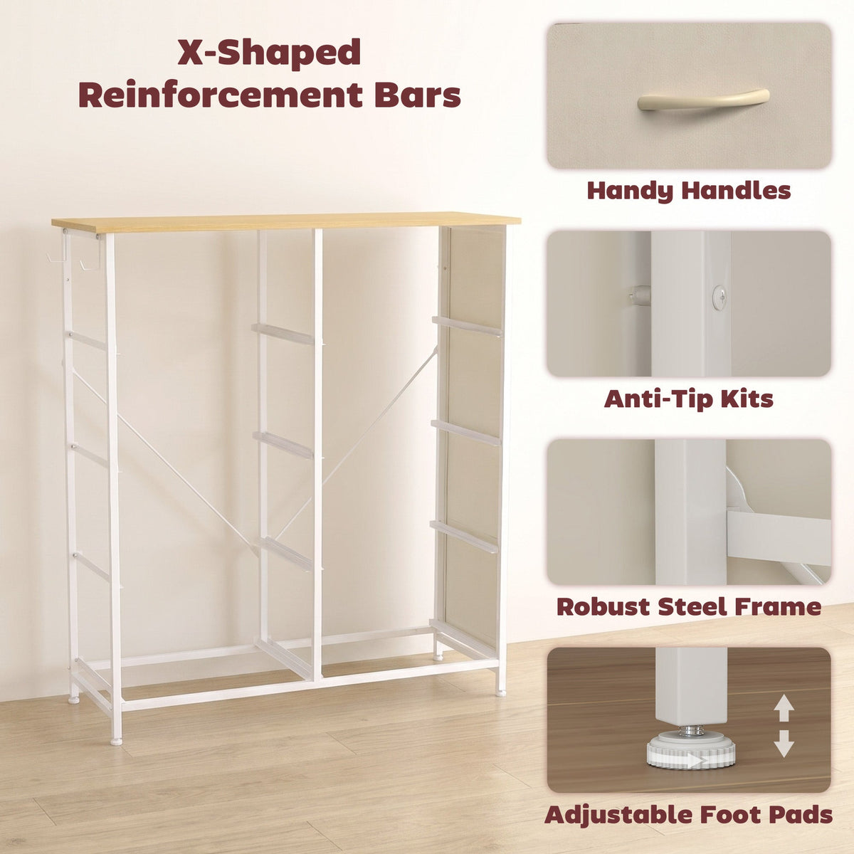 Chest of Drawers, Dresser for Bedroom with 8 Fabric Drawers, Tall Storage Unit with 4 Pockets, 2 Hooks and Steel Frame for Living Room, Hallway, Beige