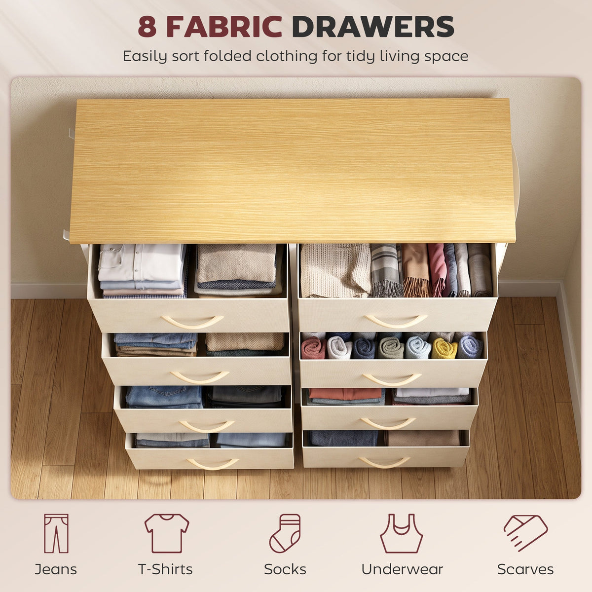 Chest of Drawers, Dresser for Bedroom with 8 Fabric Drawers, Tall Storage Unit with 4 Pockets, 2 Hooks and Steel Frame for Living Room, Hallway, Beige