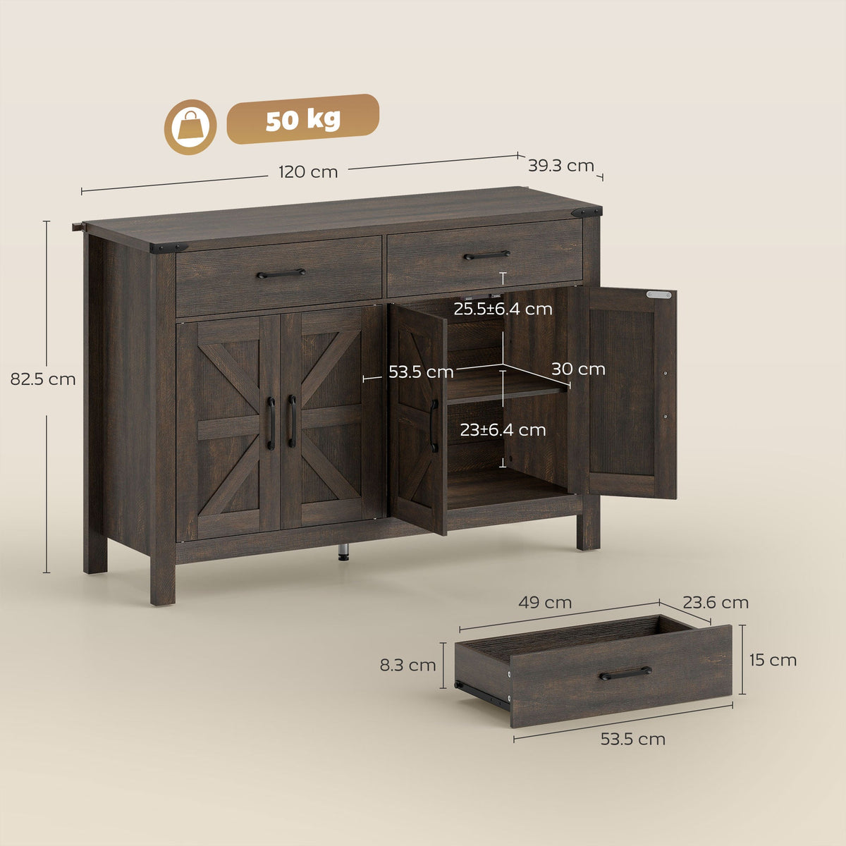 Sideboard Buffet Cabinet, Farmhouse Storage Cabinet, Kitchen Cupboard with 4 Doors, 2 Drawers and 2 Adjustable Shelves for Dining Room, Living Room, Dark Brown