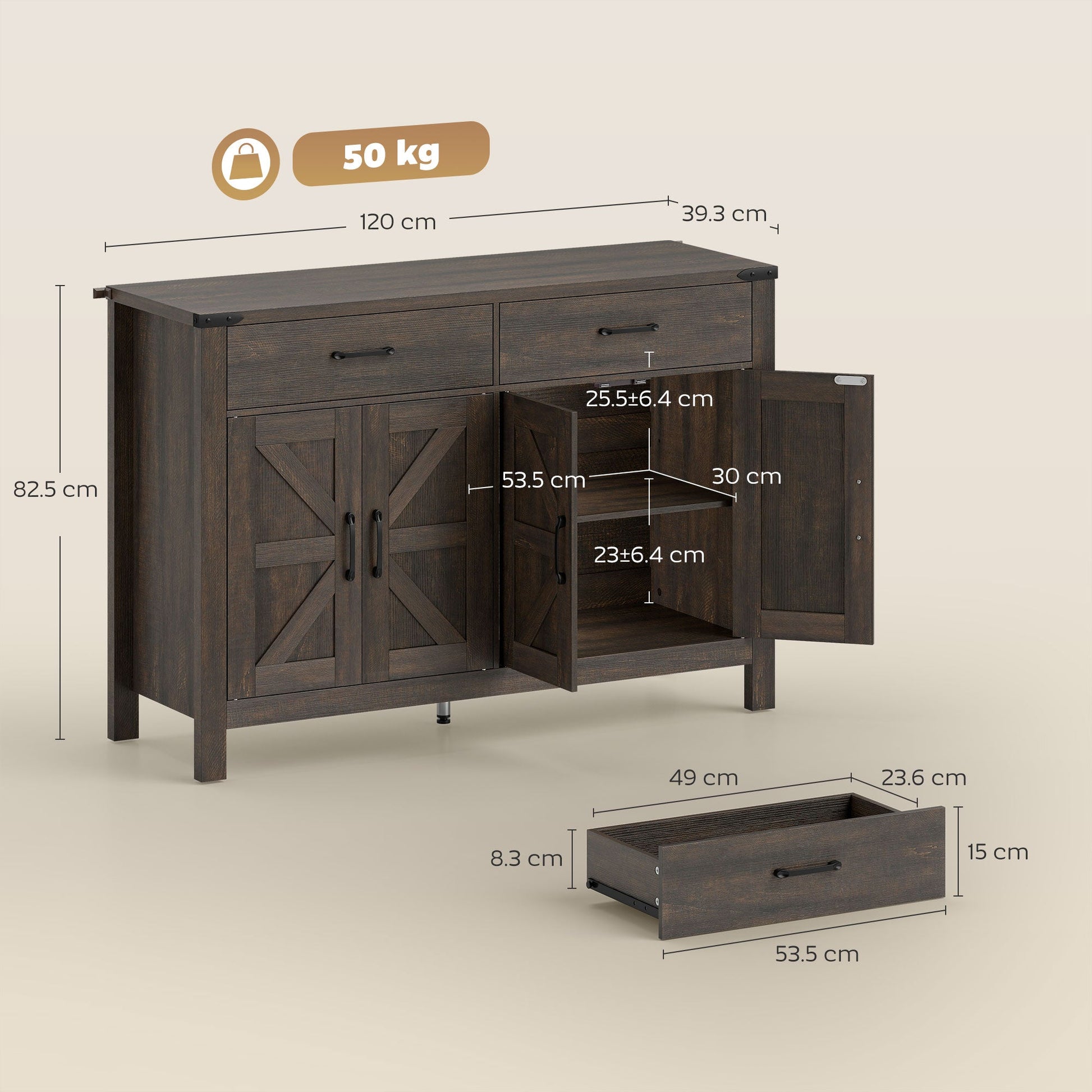 Sideboard Buffet Cabinet, Farmhouse Storage Cabinet, Kitchen Cupboard with 4 Doors, 2 Drawers and 2 Adjustable Shelves for Dining Room, Living Room, Dark Brown