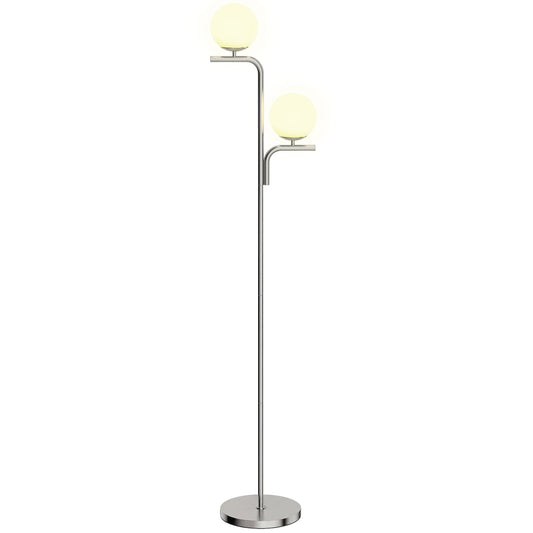 LED Floor Lamp, Modern Standing Lamp with 3 Colour Temperatures, Globe Glass Shades and Foot Switch, for Living Room Bedroom Home Office, Silver Tone