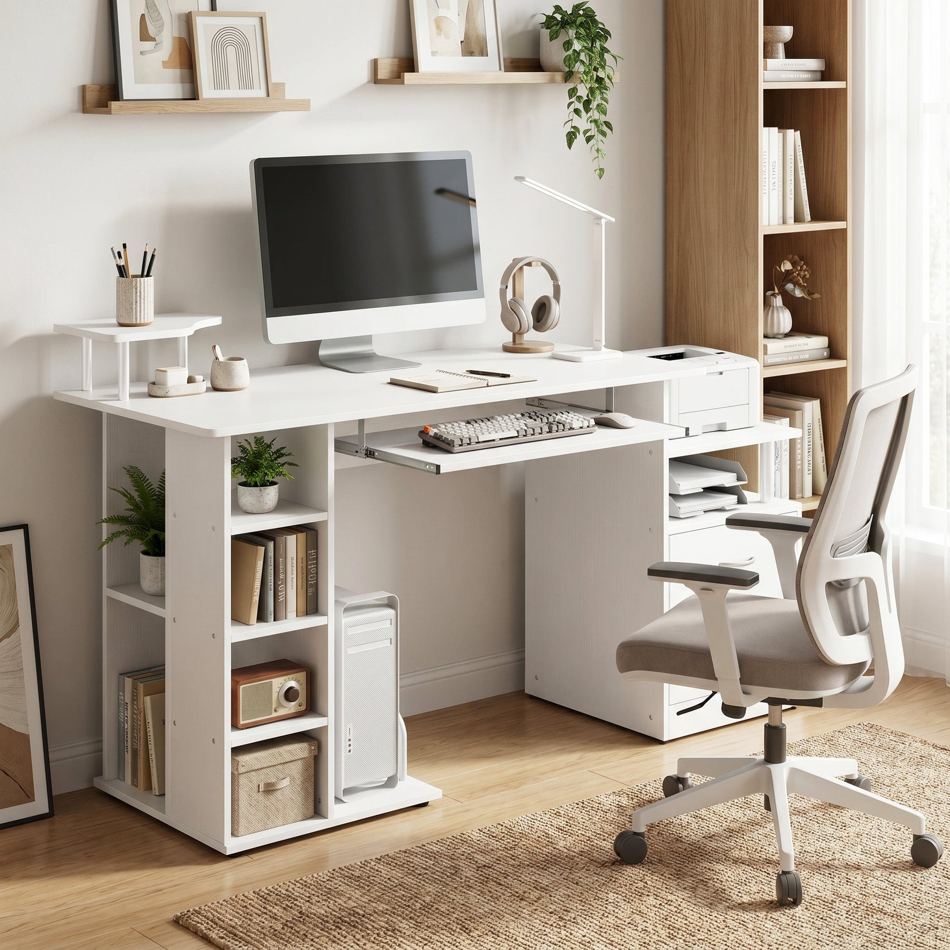 Computer Desk PC Workstation with Drawer Shelves CPU Storage Rack Home Office Furniture 152 x 60 x 88 cm White Wood Effect