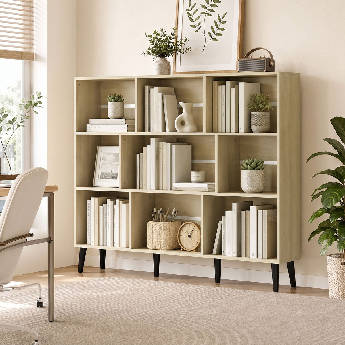 10-Cube Bookshelf, 3-Tier Bookcase with Solid Wood Legs, 140 cm Modern Freestanding Book Shelf with Anti-Tip Kit for Bedroom Living Room Study Office, Oak