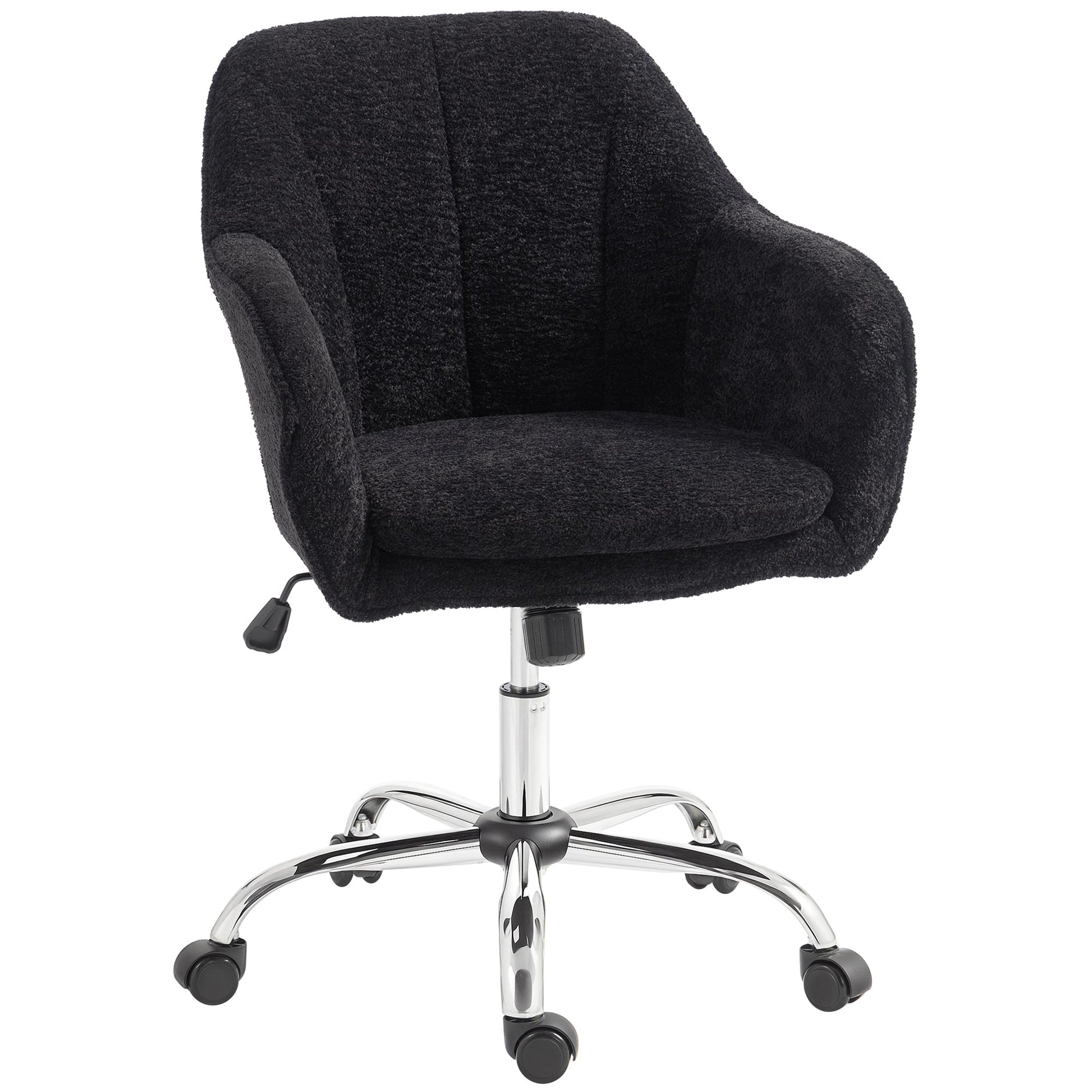 Snow Flannel Office Chair, Modern Makeup Vanity Chair with Tub Back, Swivel Rolling Computer Armchair for Bedroom, Living Room, Black