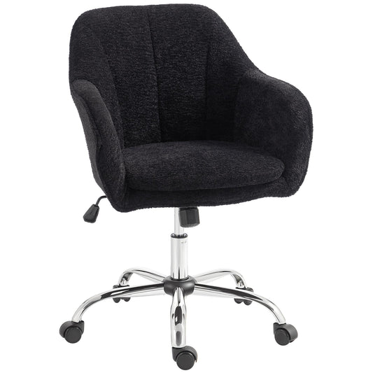 Snow Flannel Office Chair, Modern Makeup Vanity Chair with Tub Back, Swivel Rolling Computer Armchair for Bedroom, Living Room, Black