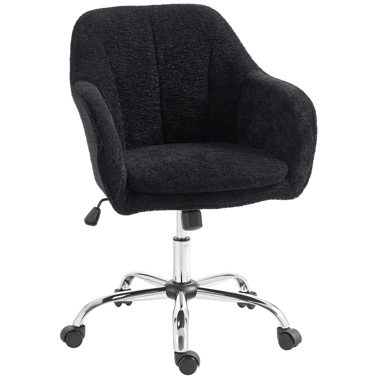 Snow Flannel Office Chair, Modern Makeup Vanity Chair with Tub Back, Swivel Rolling Computer Armchair for Bedroom, Living Room, Black
