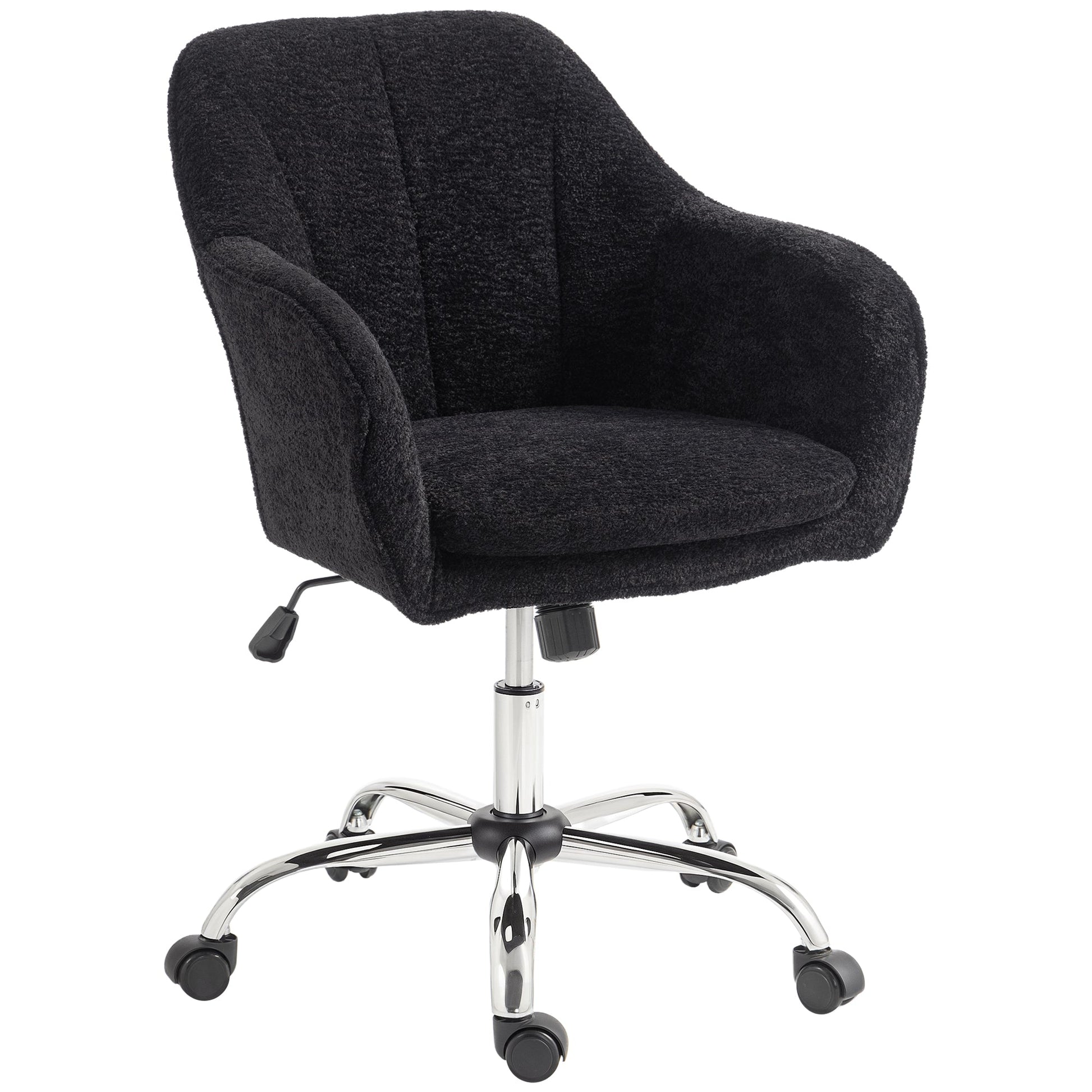 Snow Flannel Office Chair, Modern Makeup Vanity Chair with Tub Back, Swivel Rolling Computer Armchair for Bedroom, Living Room, Black